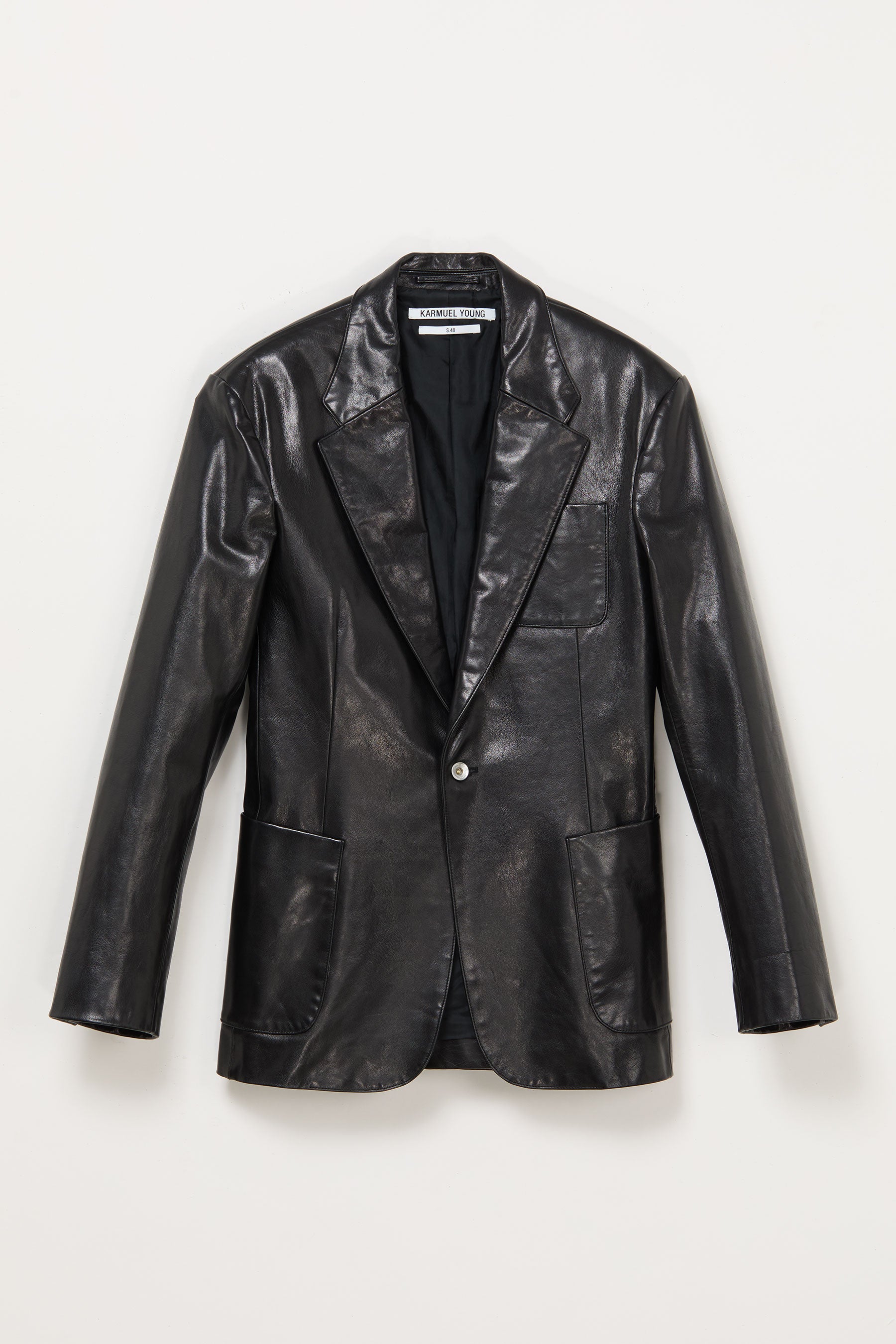 Black Wide Shoulder Calf Leather Blazer