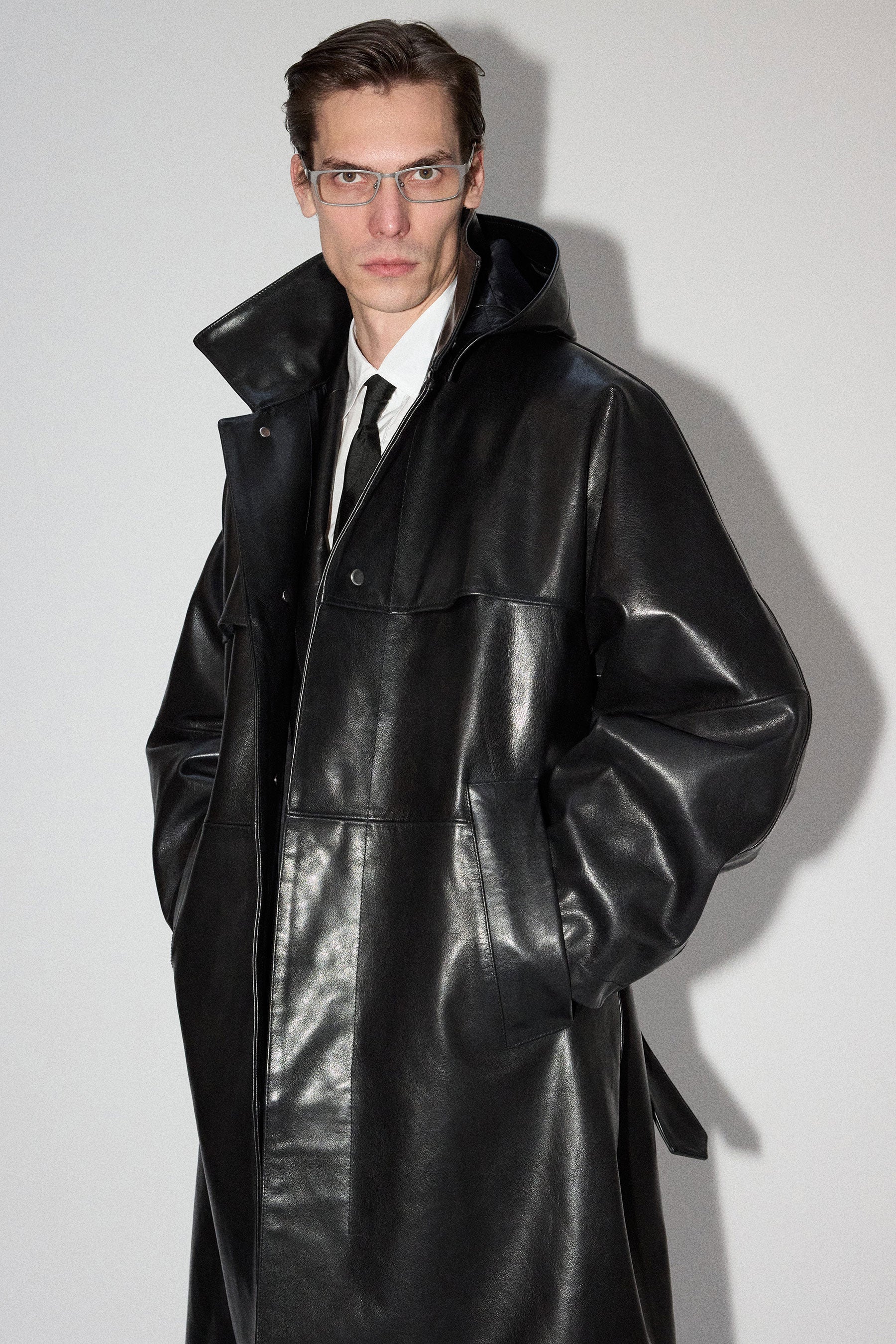 Black Rectangle Calf Leather Coat