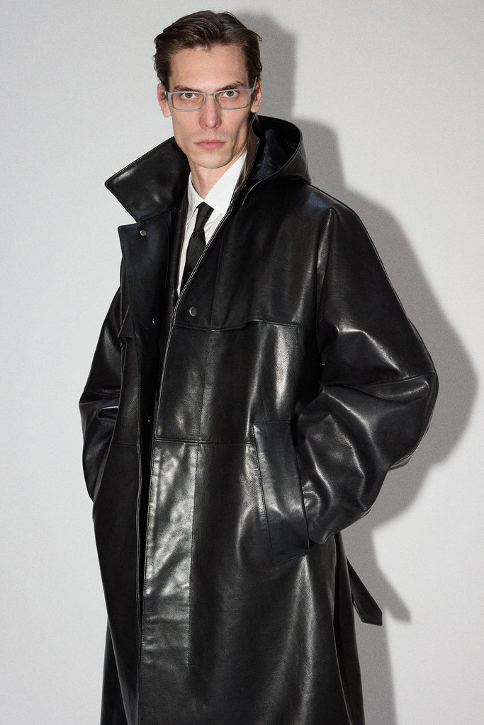 Black Rectangle Calf Leather Coat