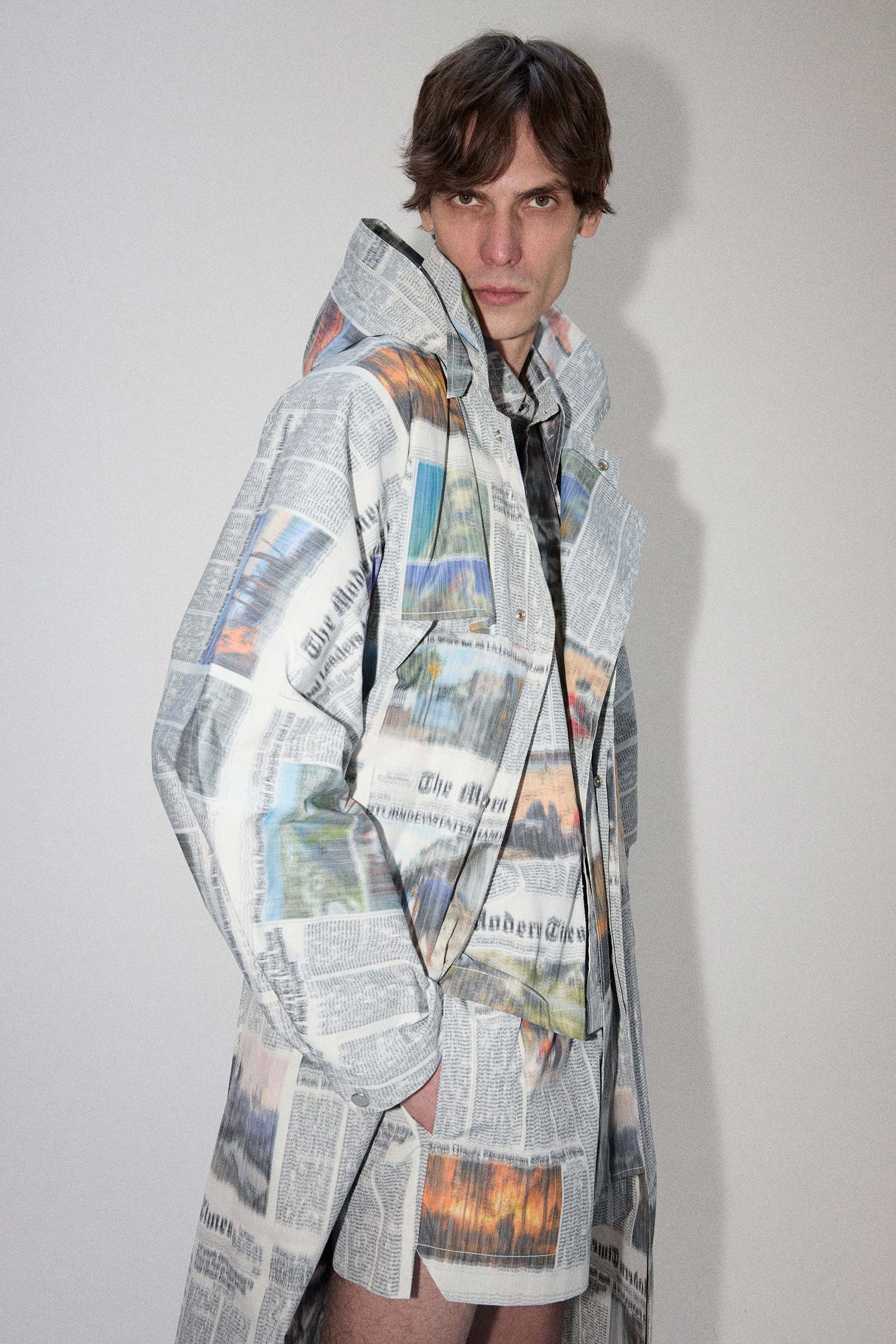Mixed Rectangle Printed Newspaper Hooded Coat