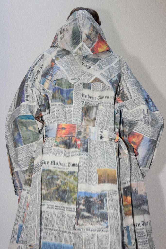 Mixed Rectangle Printed Newspaper Hooded Coat