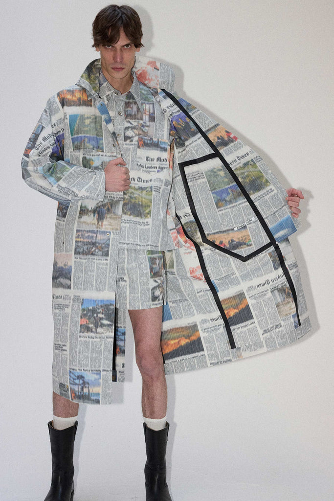 Mixed Rectangle Printed Newspaper Hooded Coat