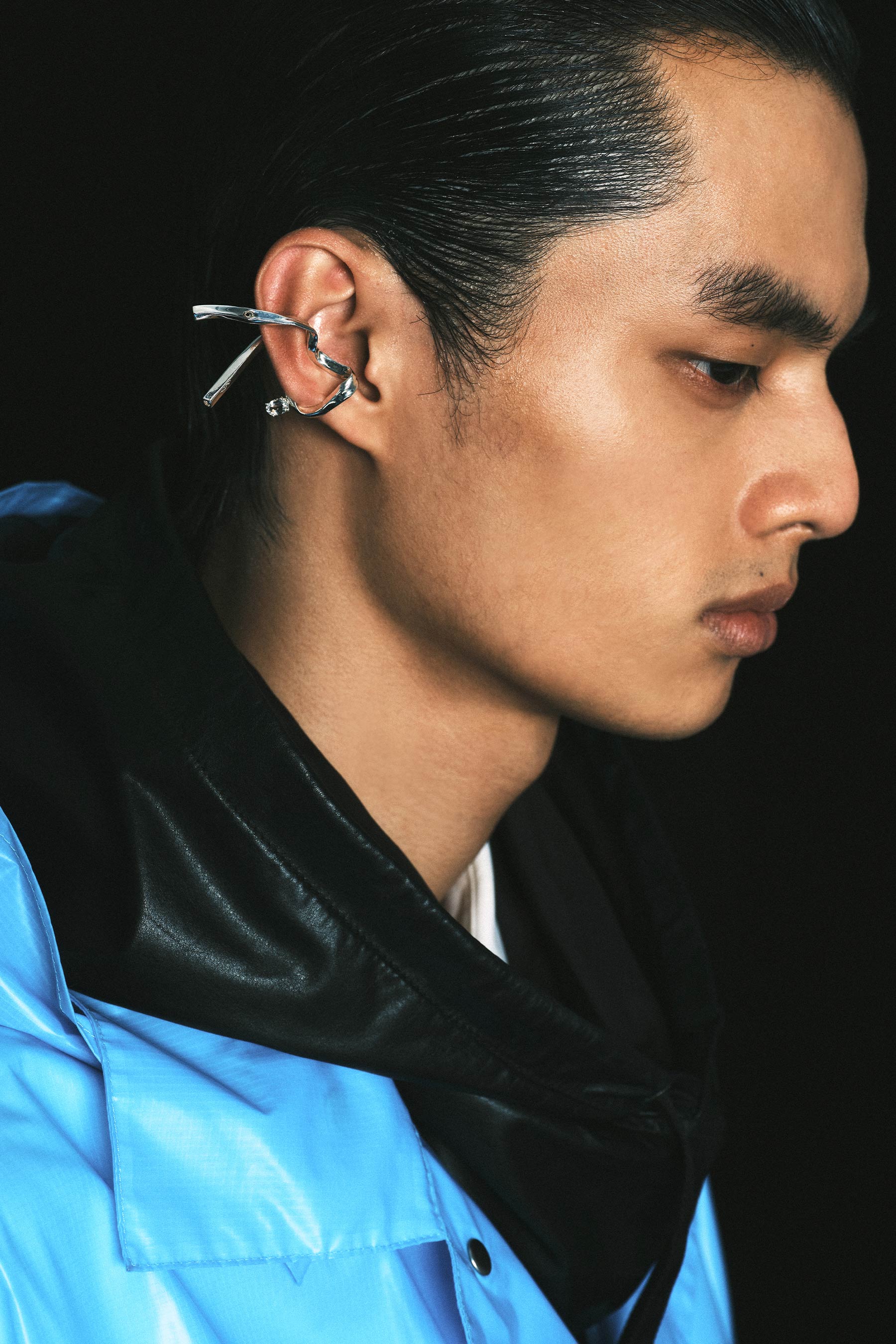 Silver Hinged Square Tube Ear Cuff with Colourless Topaz