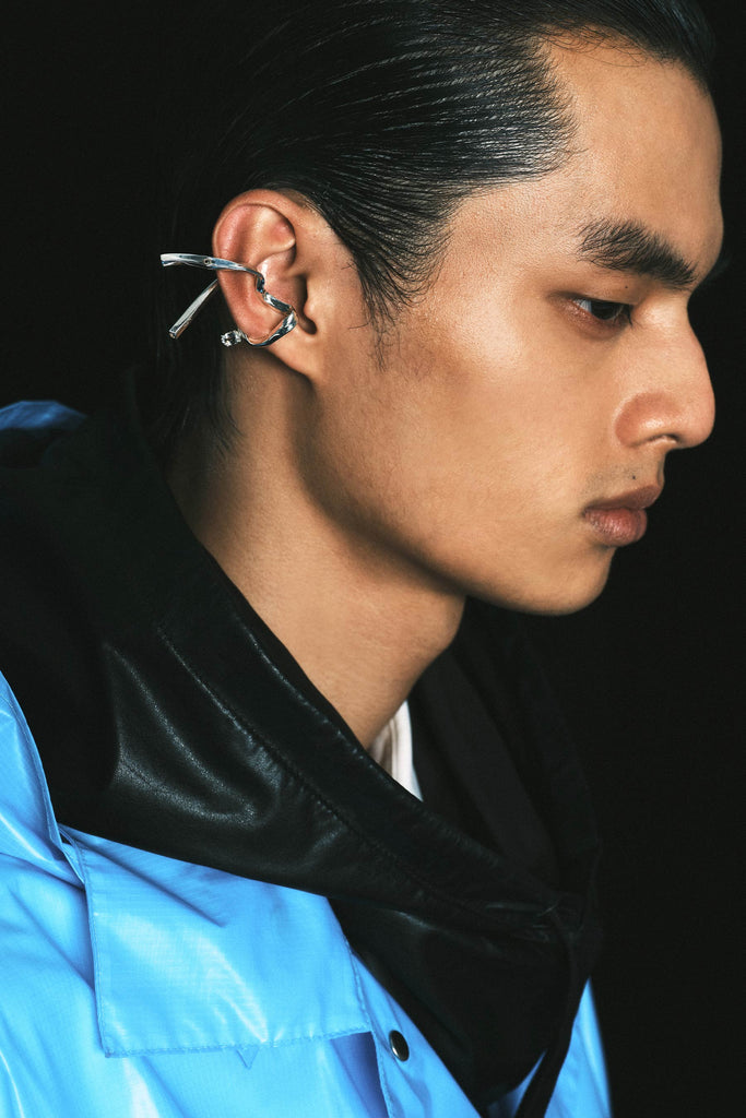 Silver Hinged Square Tube Ear Cuff with Colourless Topaz