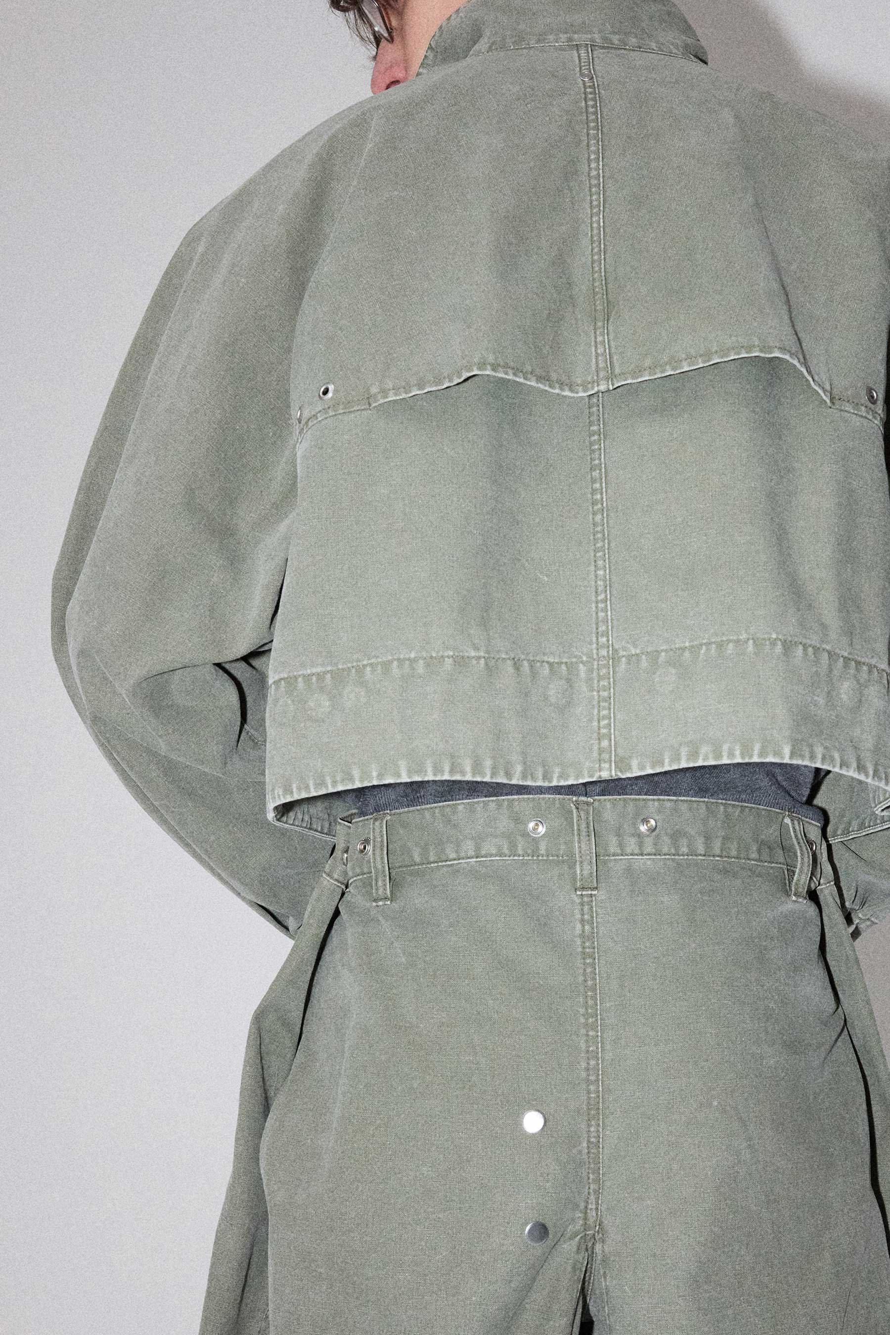 Khaki Green Washed Cotton Canvas Cropped Jacket