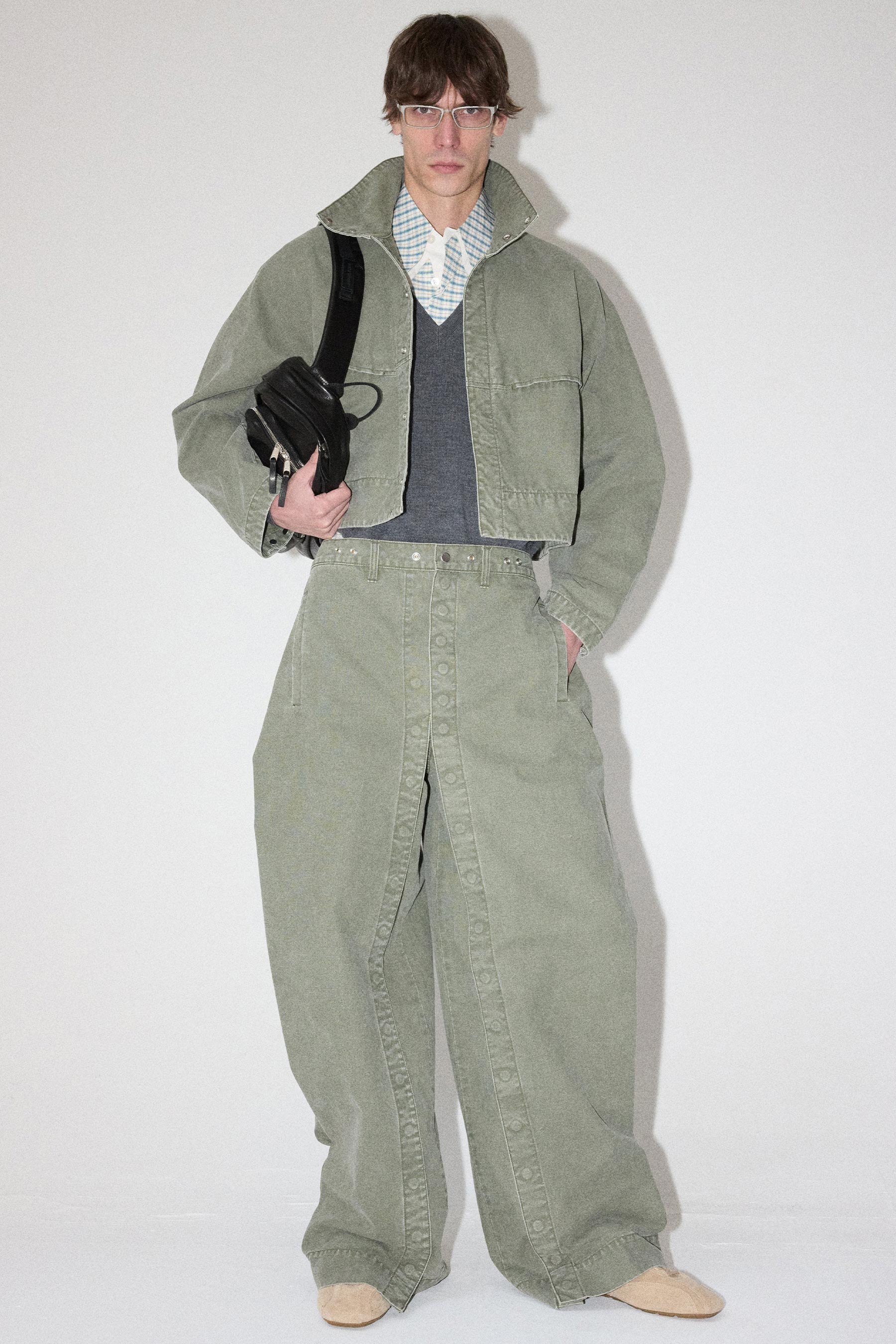 Khaki Green Washed Cotton Canvas Cropped Jacket