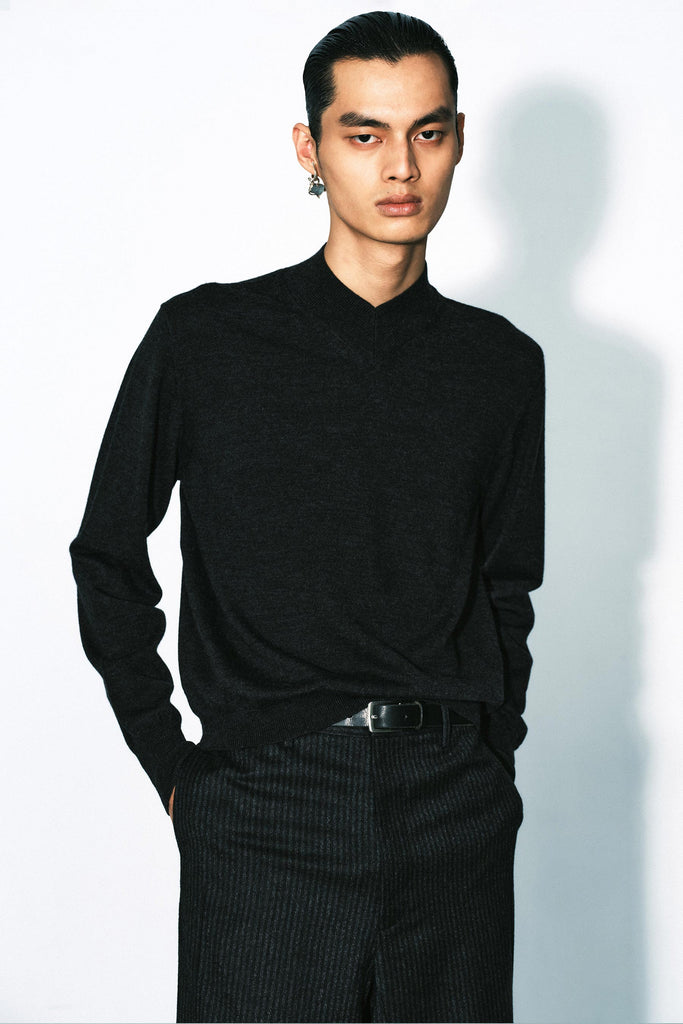 Dark Grey Merino Wool V-highneck Sweater