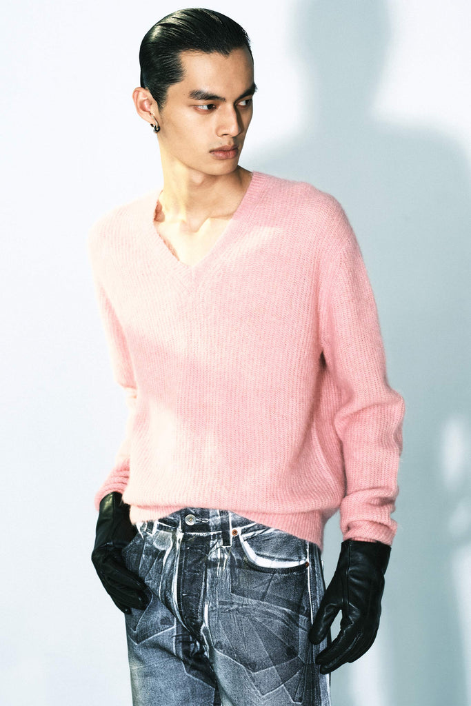 Pink Fuzzy V-neck Sweater