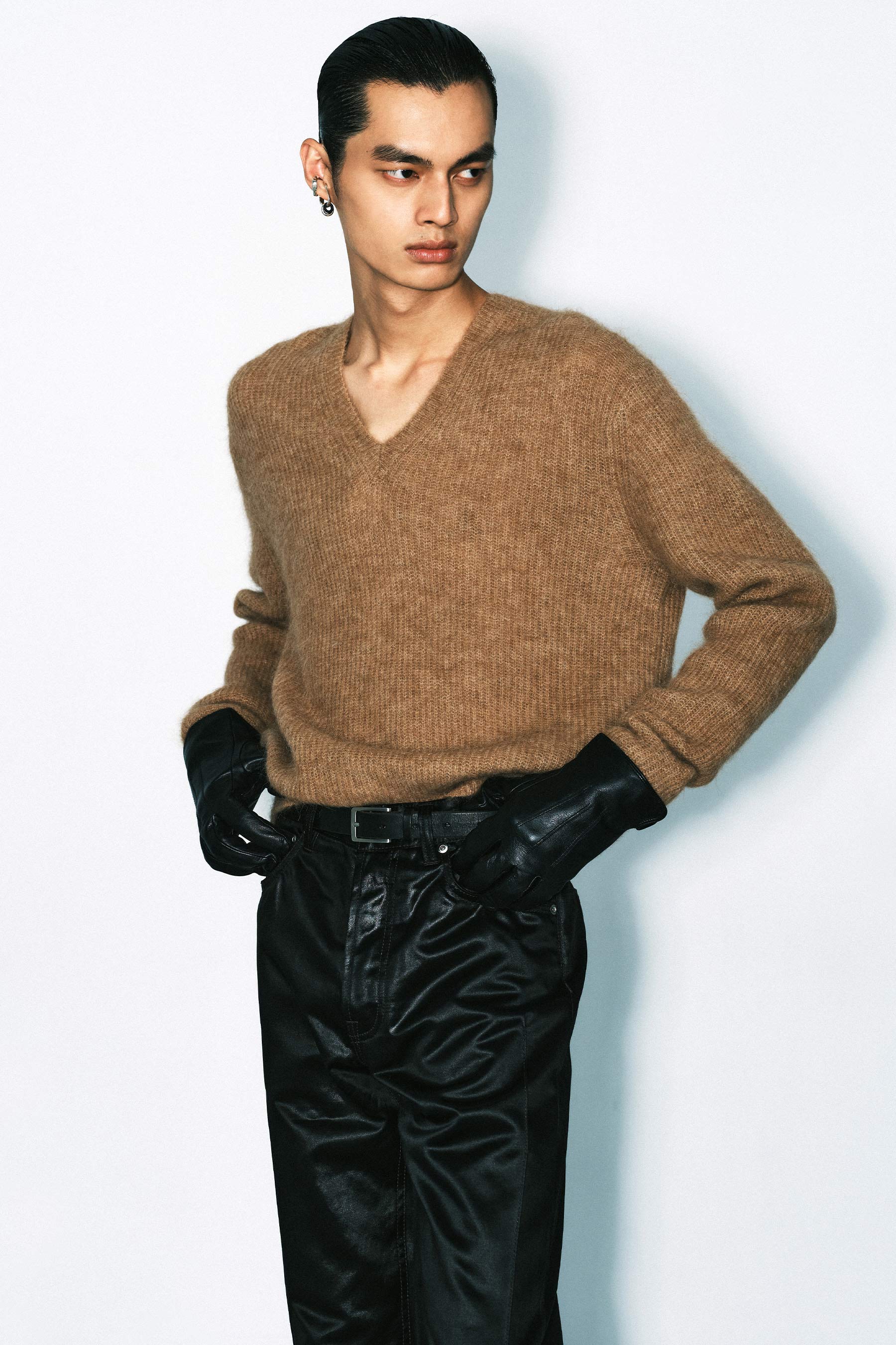 Beige Fuzzy V-neck Sweater