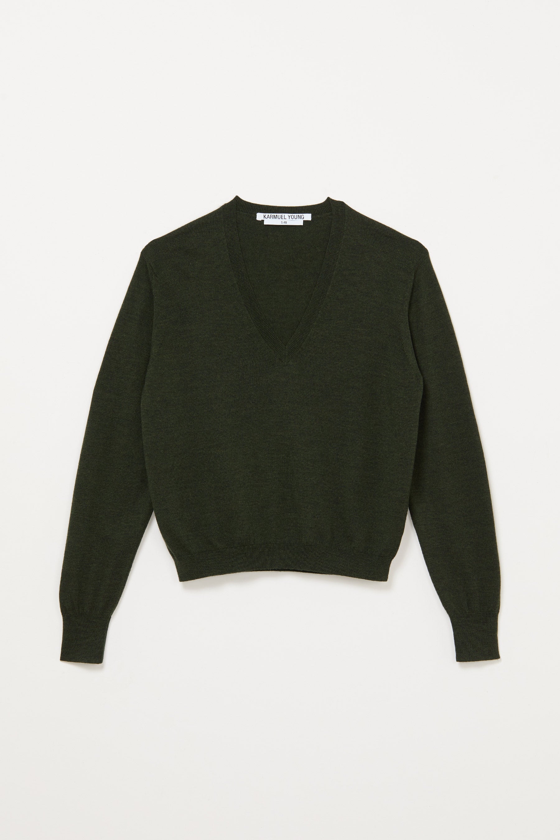 Khaki Green Merino Wool V-neck Sweater