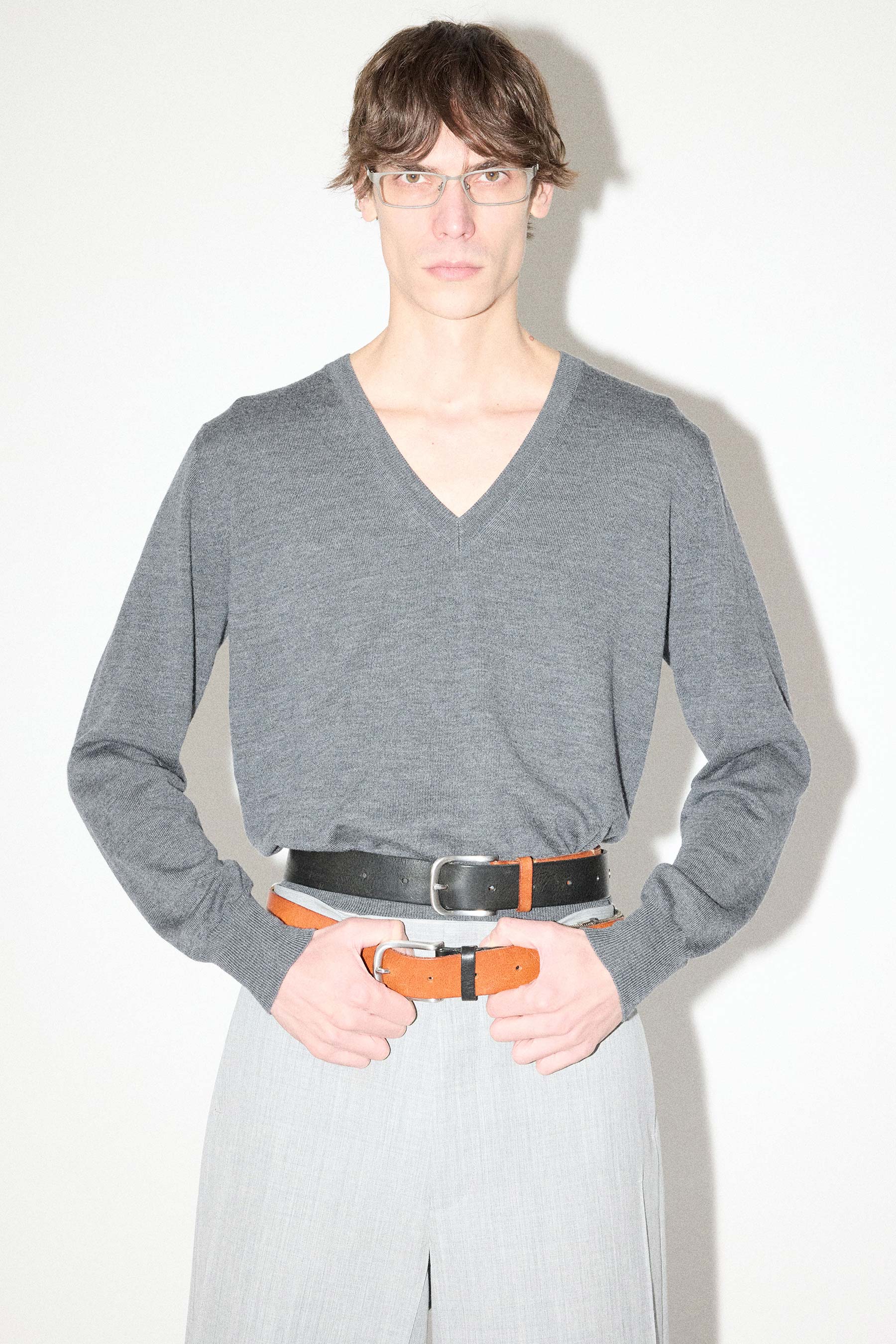 Grey Merino Wool V-neck Sweater
