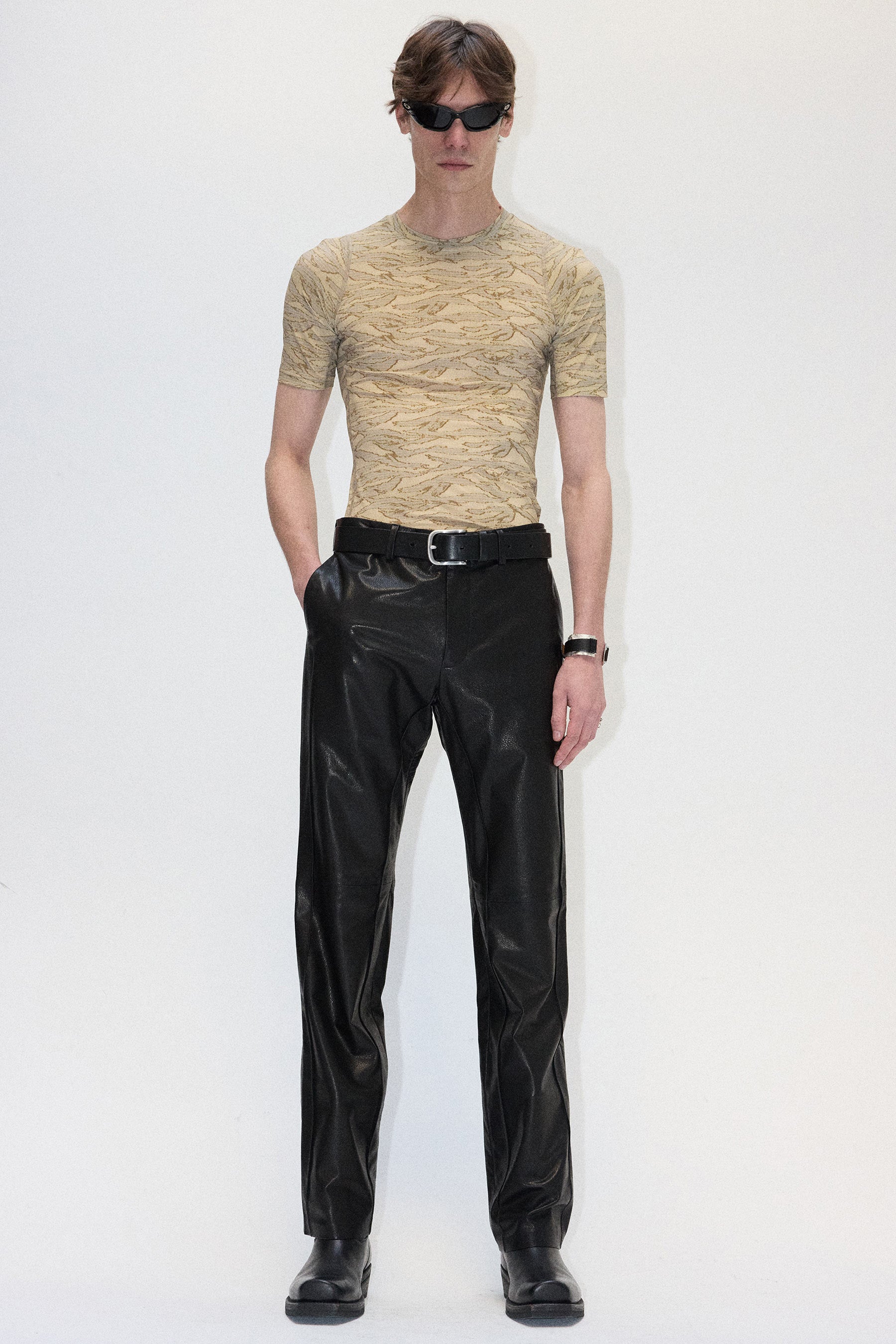 Black Cuboid Lamb Leather Dress Pants