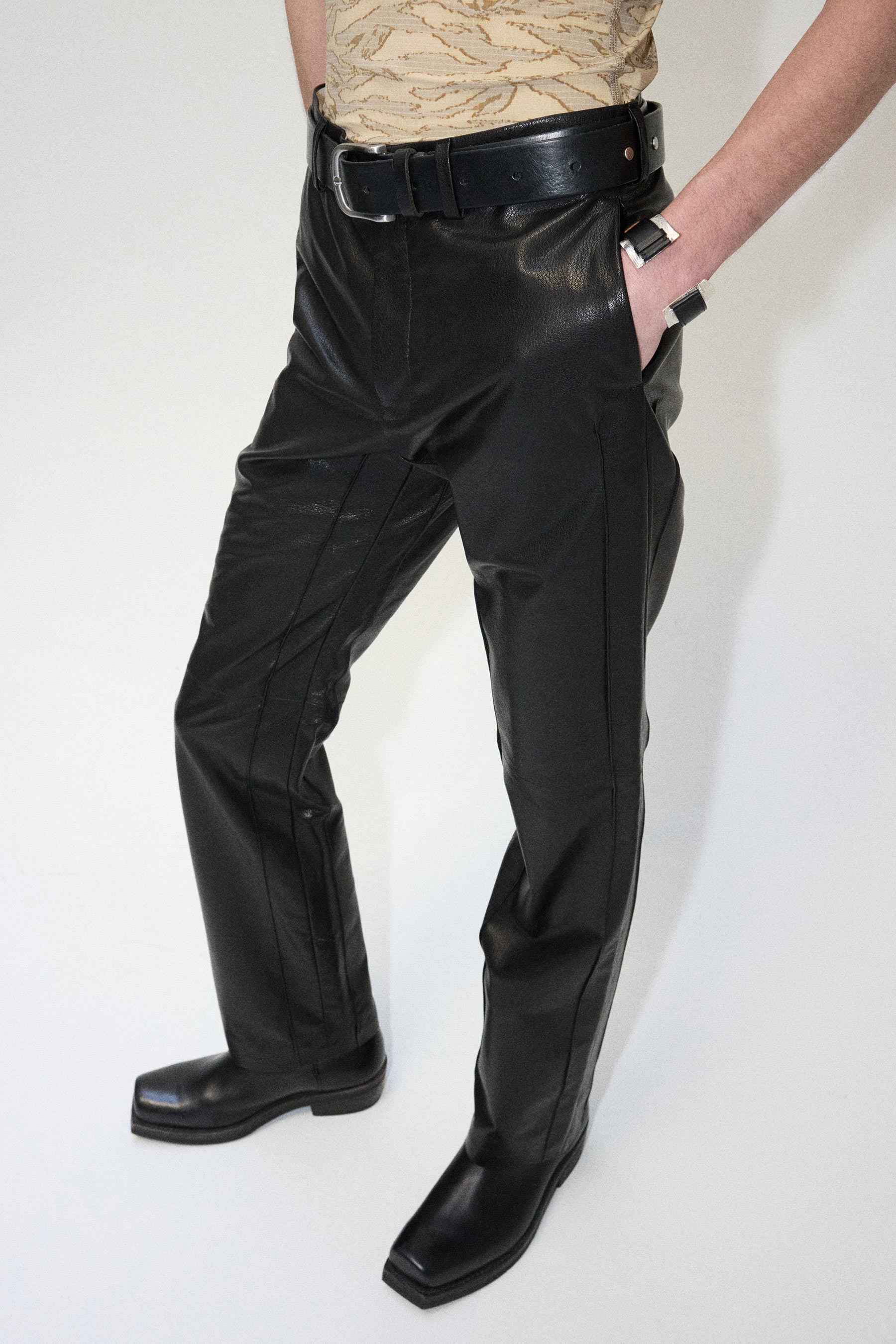 Black Cuboid Lamb Leather Dress Pants