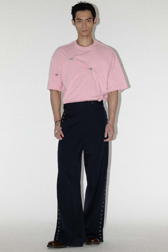 Navy Wide Leg Side Snap Pants