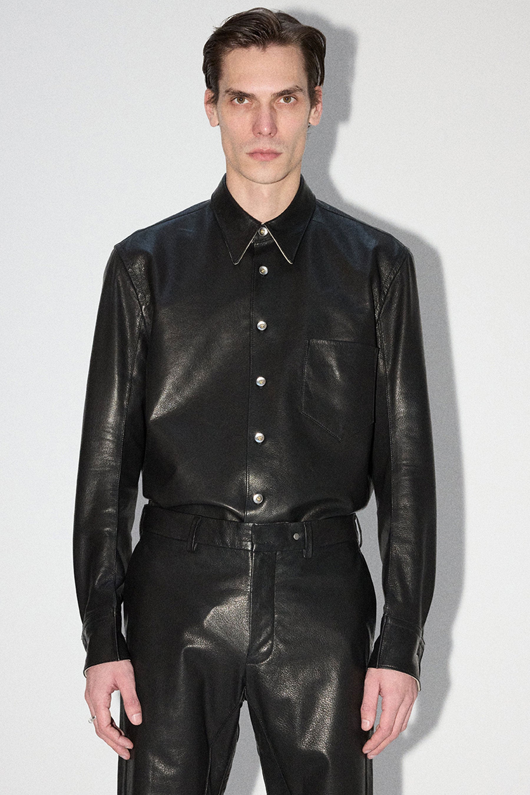 Black Curve Arm Lamb Leather Shirt Jacket