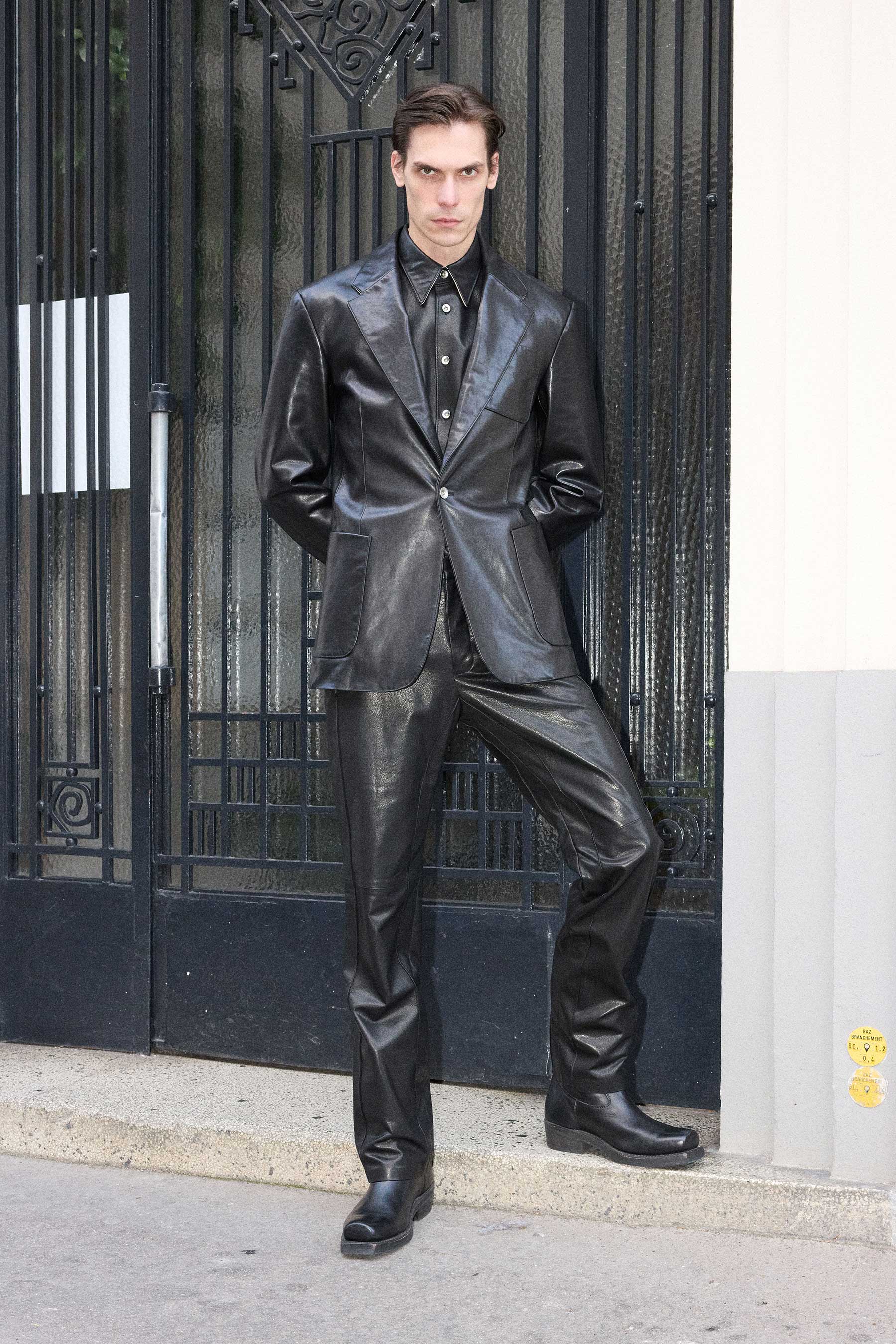 Black Curve Arm Lamb Leather Shirt Jacket