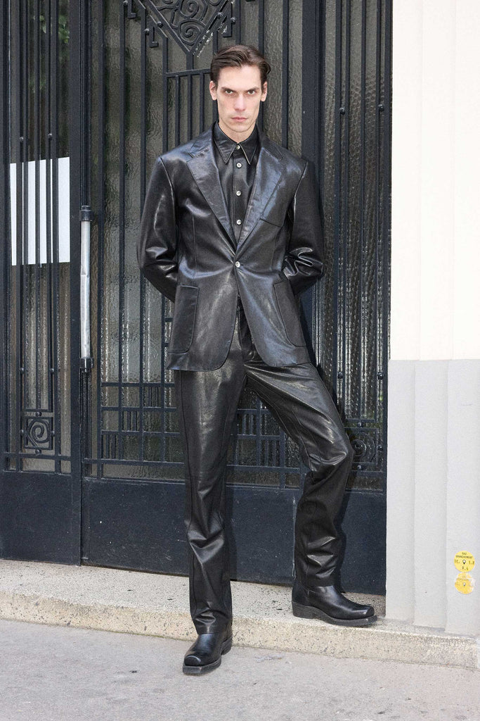 Black Curve Arm Lamb Leather Shirt Jacket