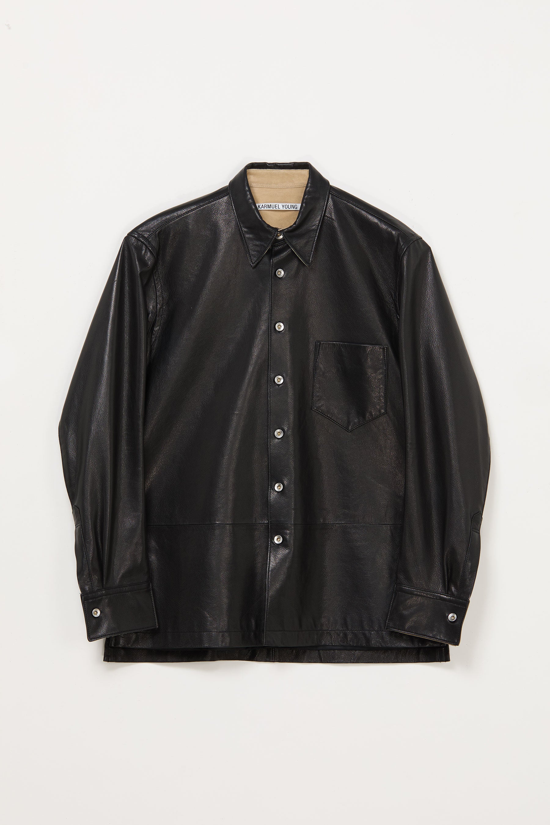 Black Curve Arm Lamb Leather Shirt Jacket