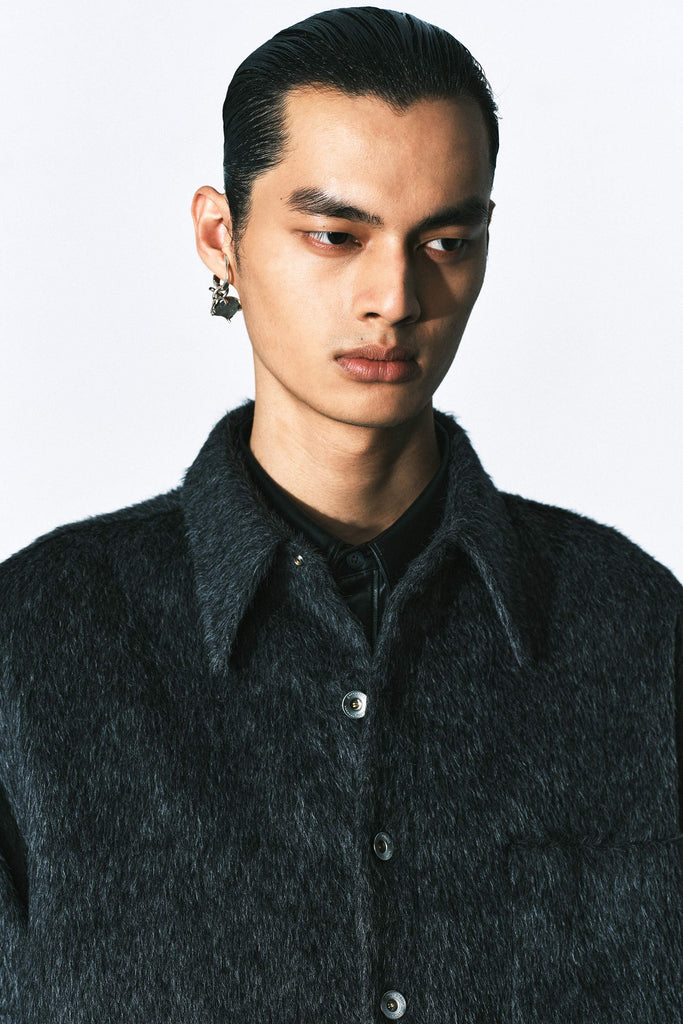 Dark Grey Fuzzy Bold Square Shirt Jacket