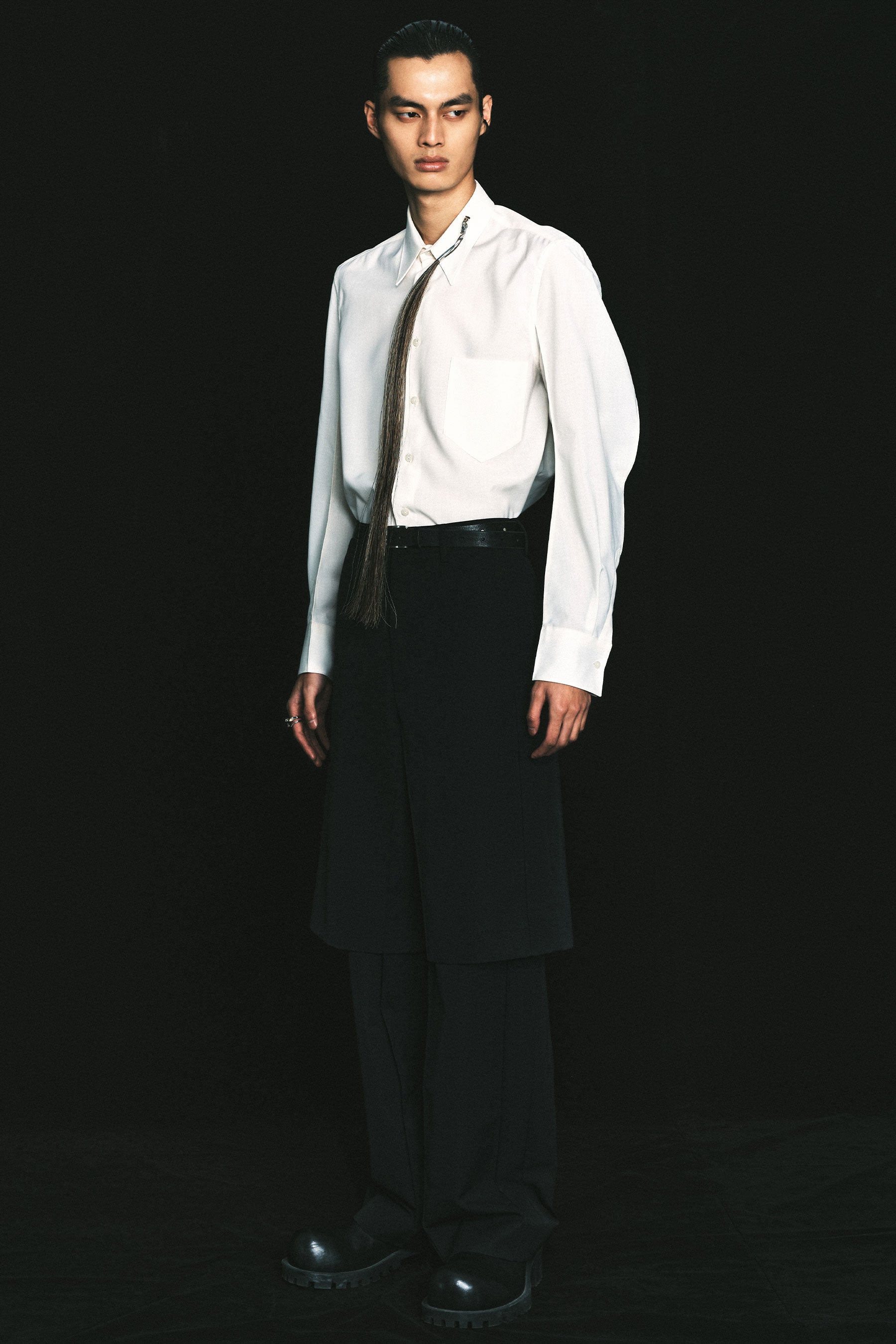Black Wool Double Layered Cuboid Wide Pants