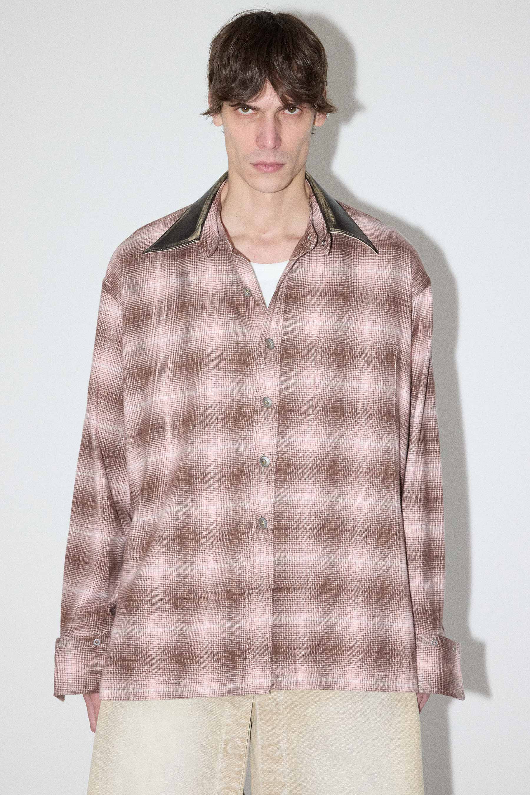 Pink Check Square Snap off Leather Collar Shirt