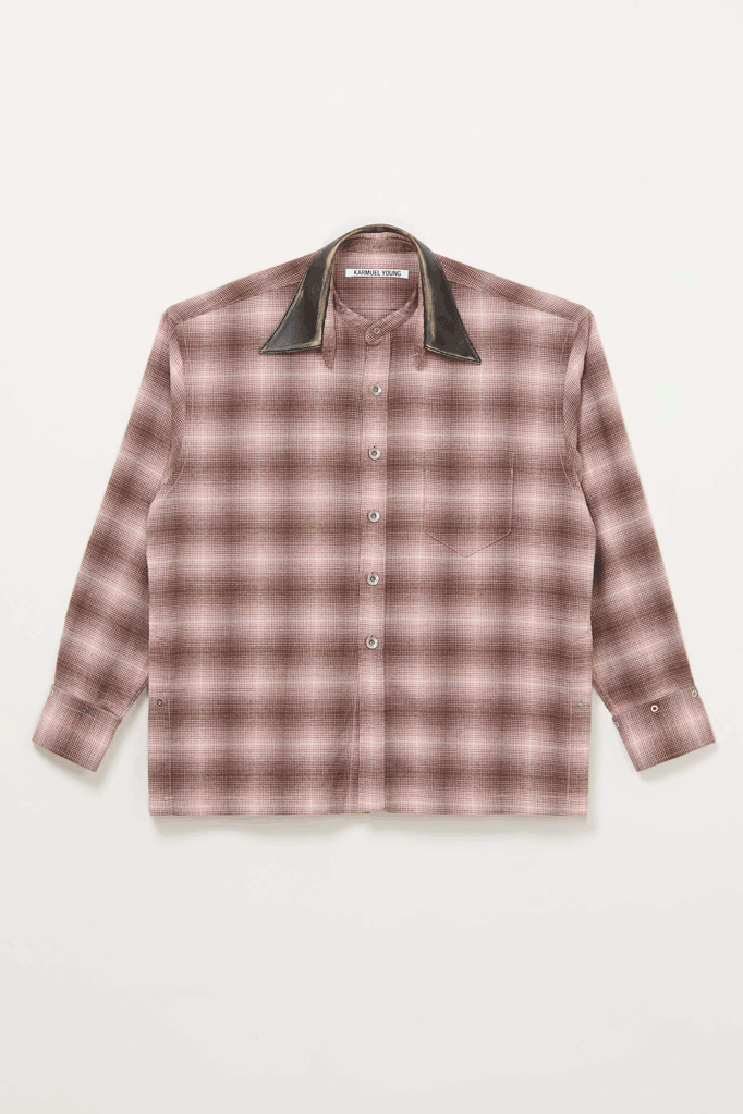 Pink Check Square Snap off Leather Collar Shirt