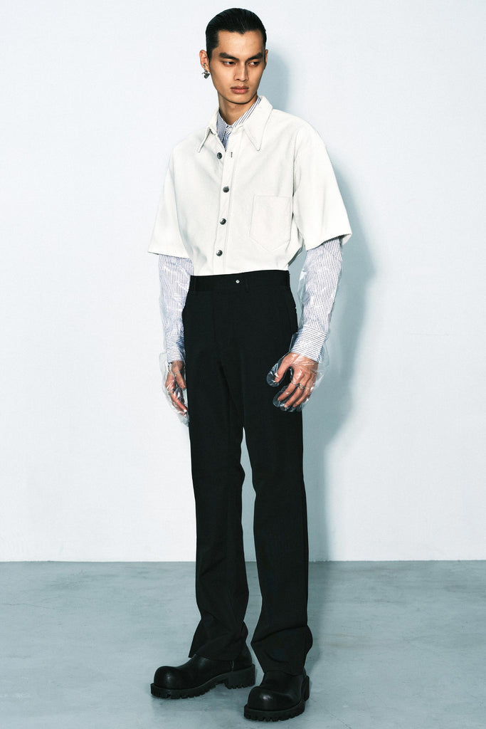 White Bias Cut Corduroy Cotton Square Short Sleeved Overshirt