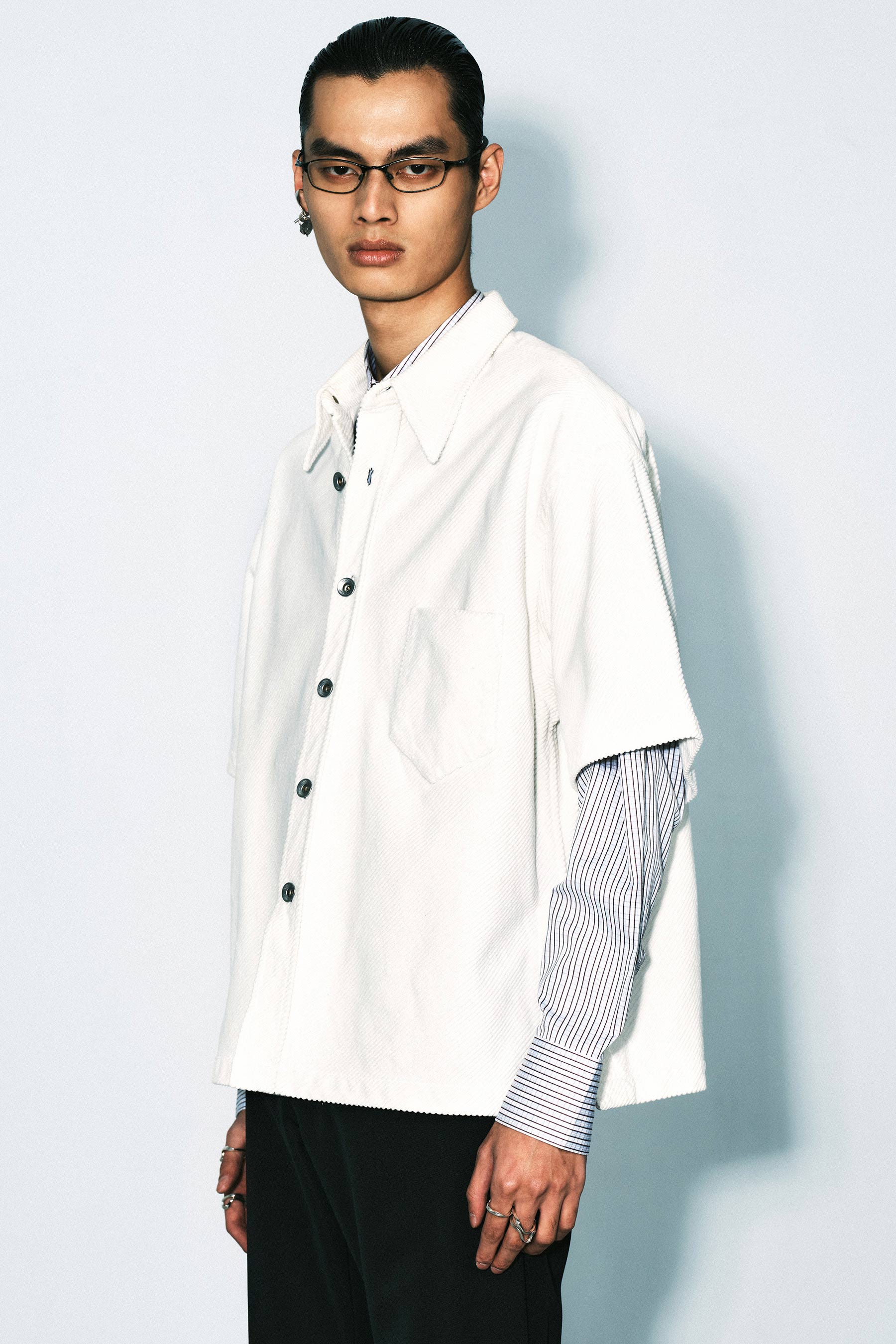 White Bias Cut Corduroy Cotton Square Short Sleeved Overshirt