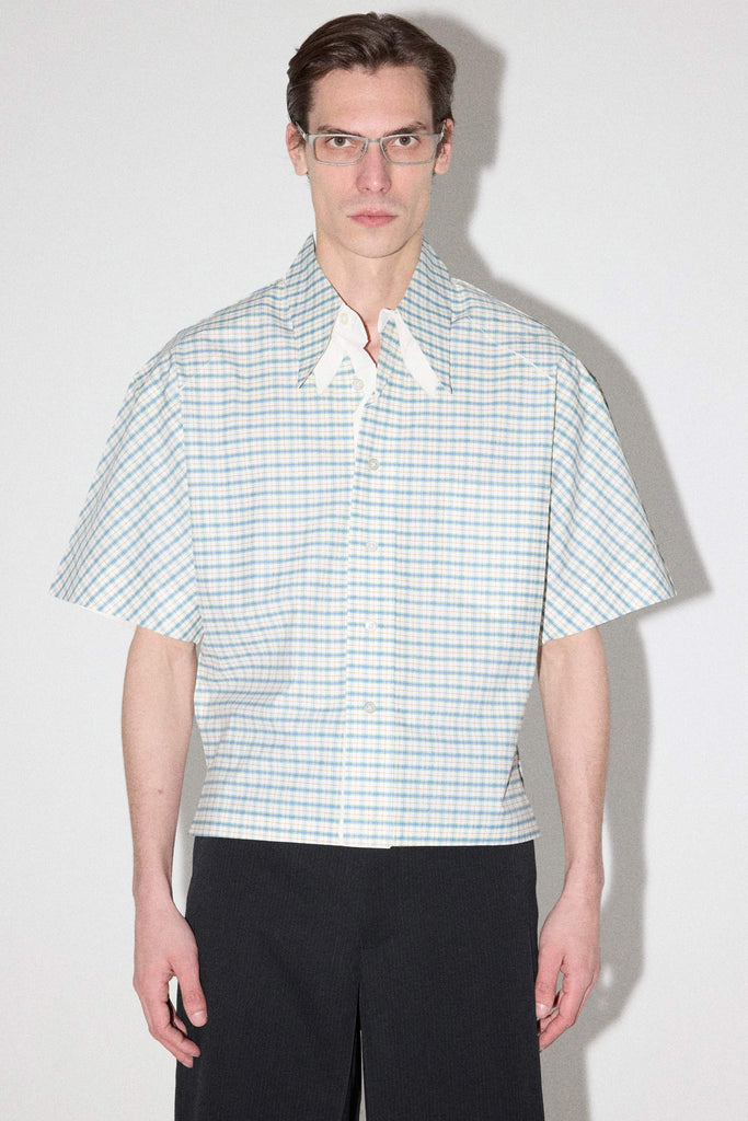 Blue Trapezium Printed Check Short Sleeved Cropped Shirt