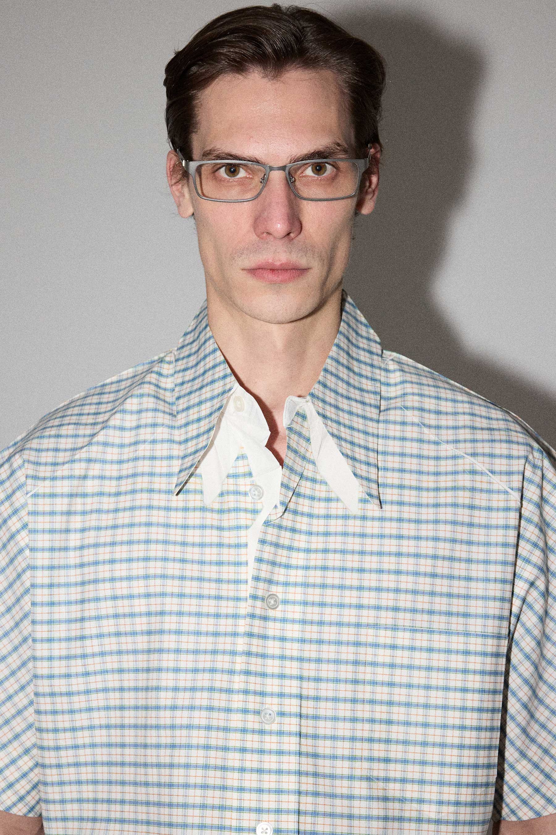 Blue Trapezium Printed Check Short Sleeved Cropped Shirt