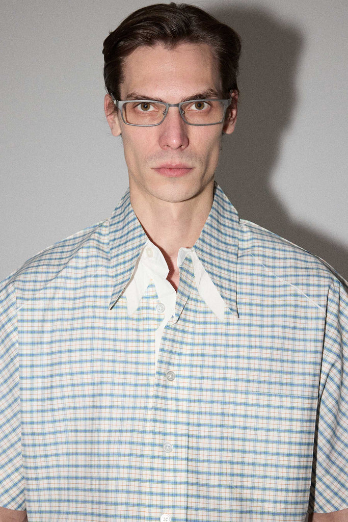 Blue Trapezium Printed Check Short Sleeved Cropped Shirt