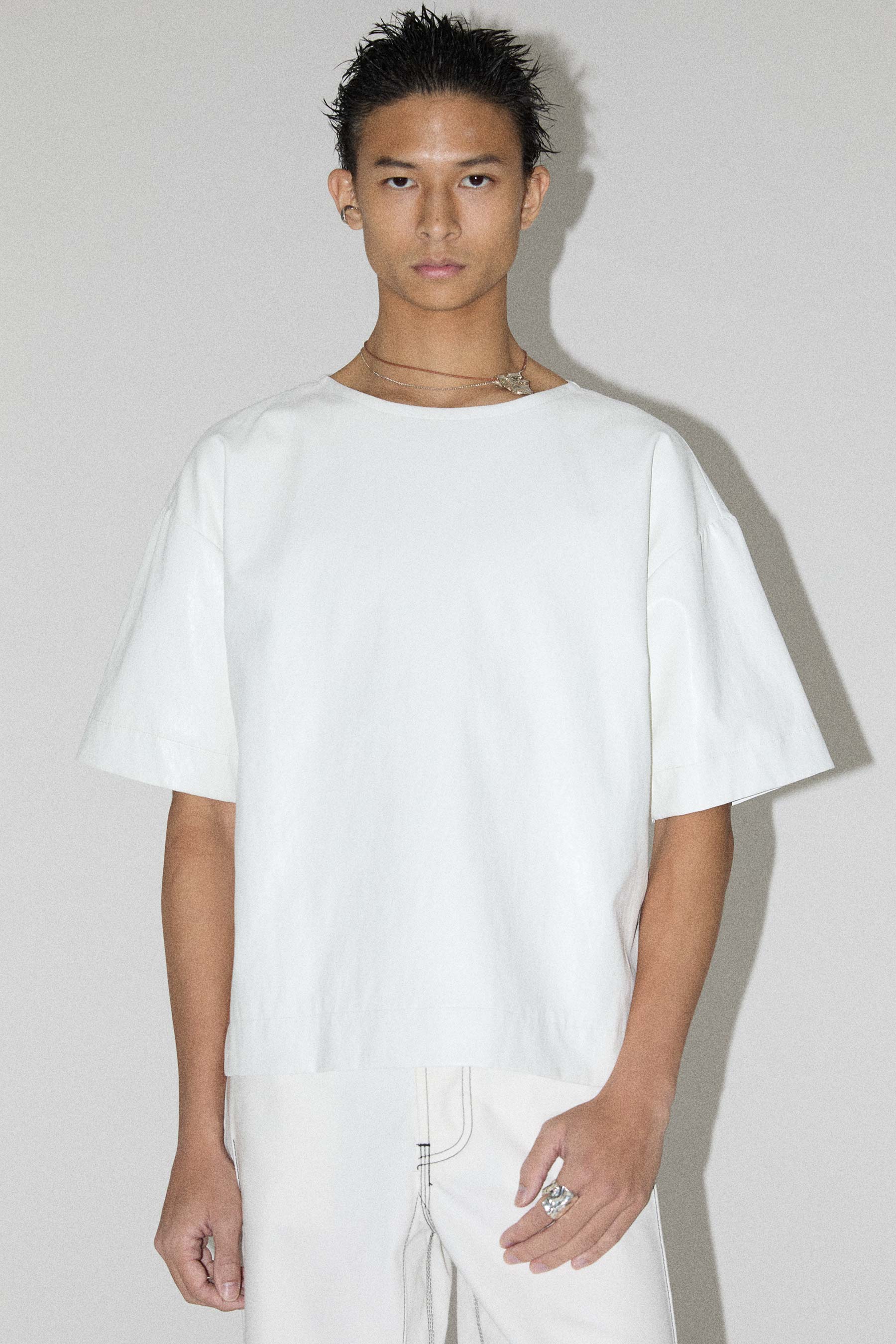 White Square Alt-Leather T-shirt with Adjustable Neckline