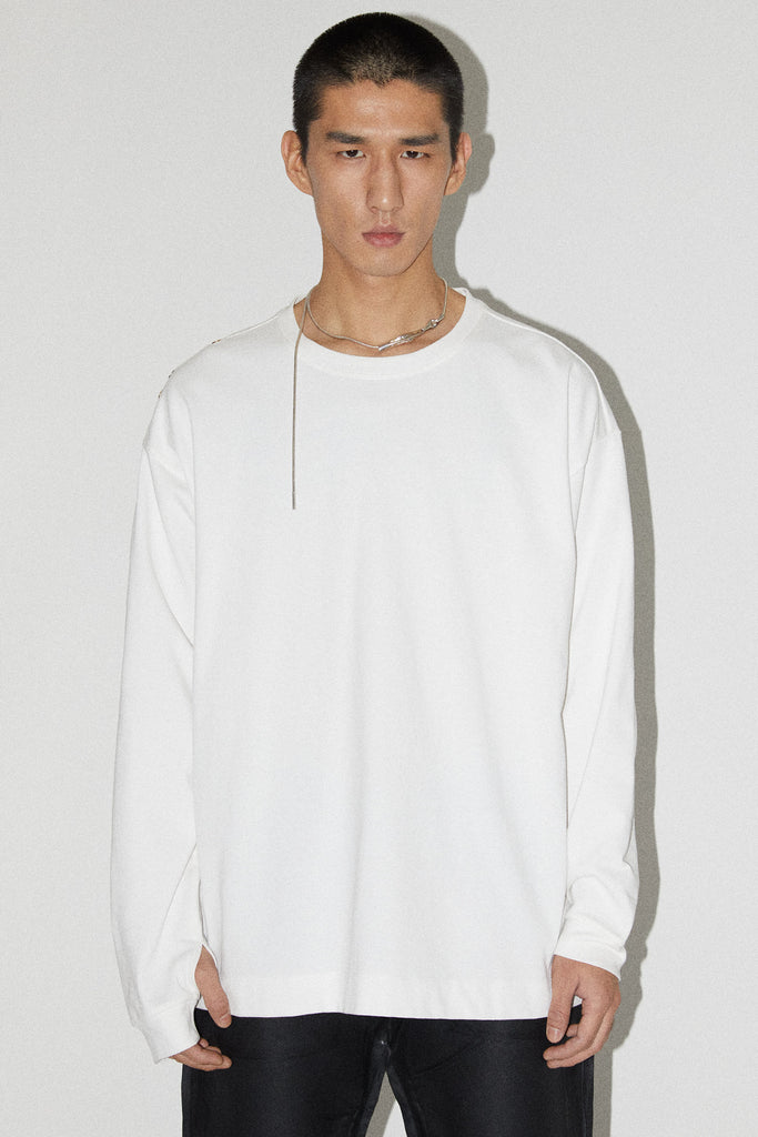 White Square Long Sleeves T-shirt With Adjustable Shoulder Line