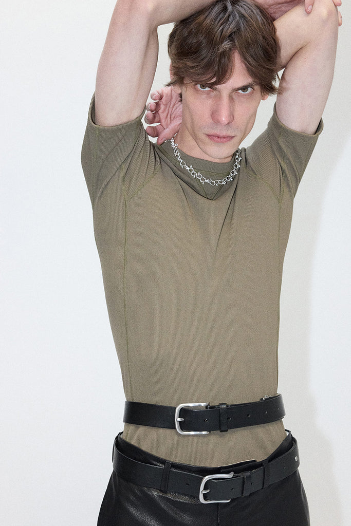 Khaki Second Skin V Insert Rib T-shirt