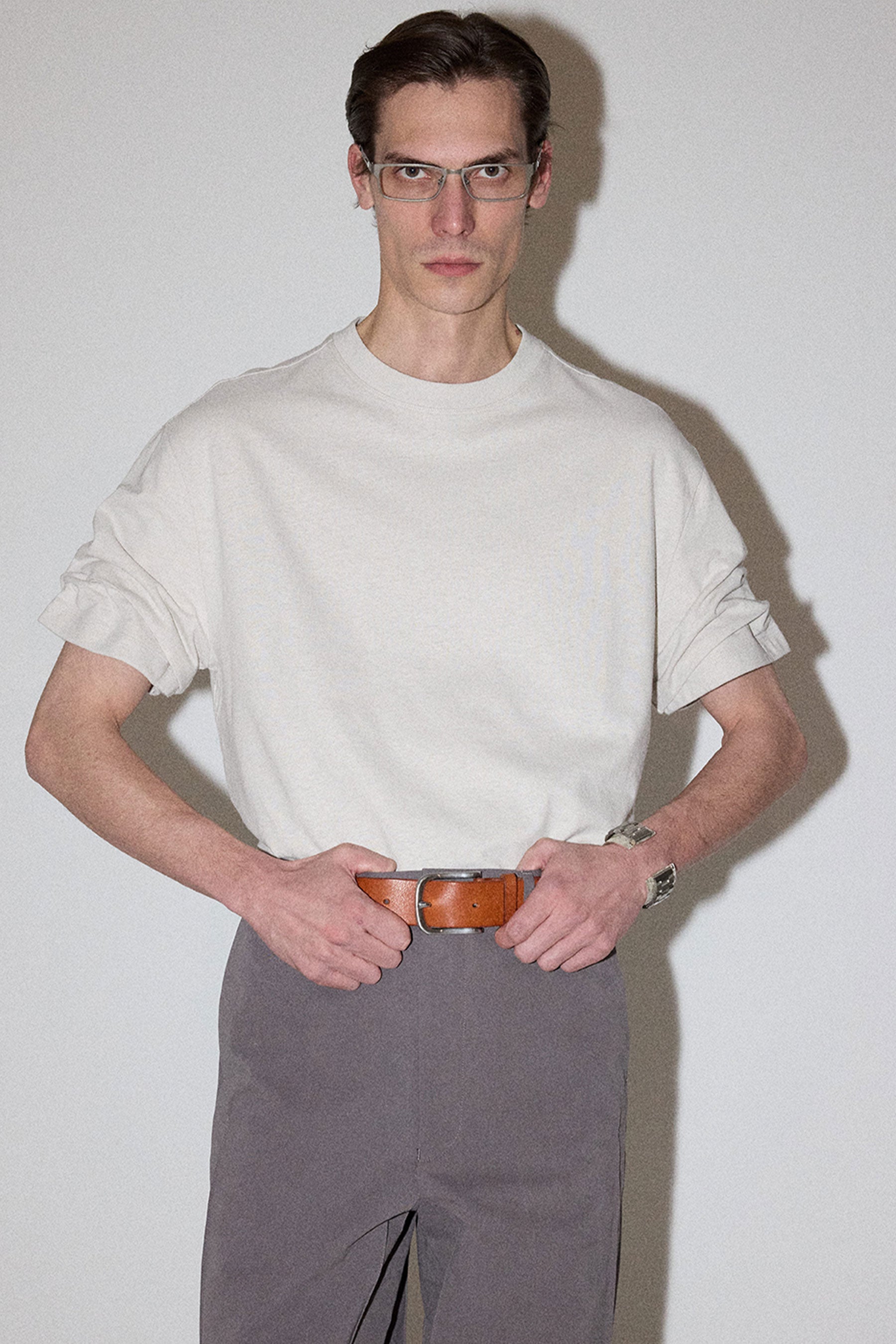 Beige Wide Shoulder Roll Up Sleeve T-shirt