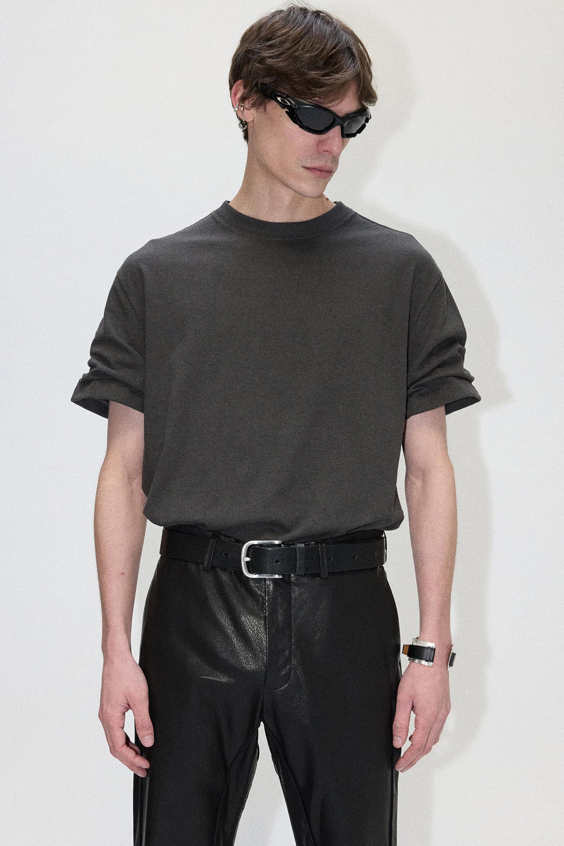 Dark Grey Wide Shoulder Roll Up Sleeve T-shirt