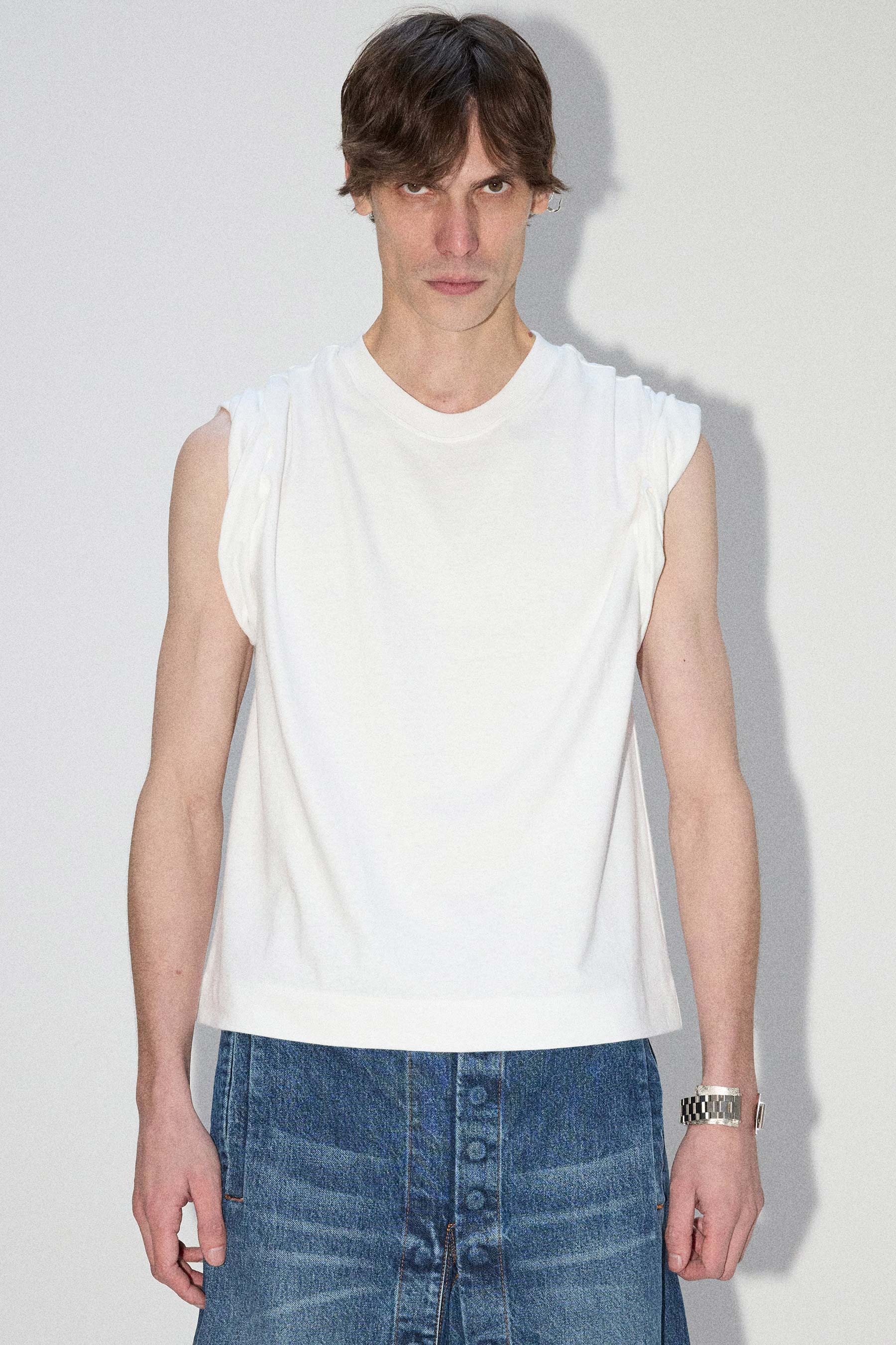 White Square Roll Shoulder Tank Top