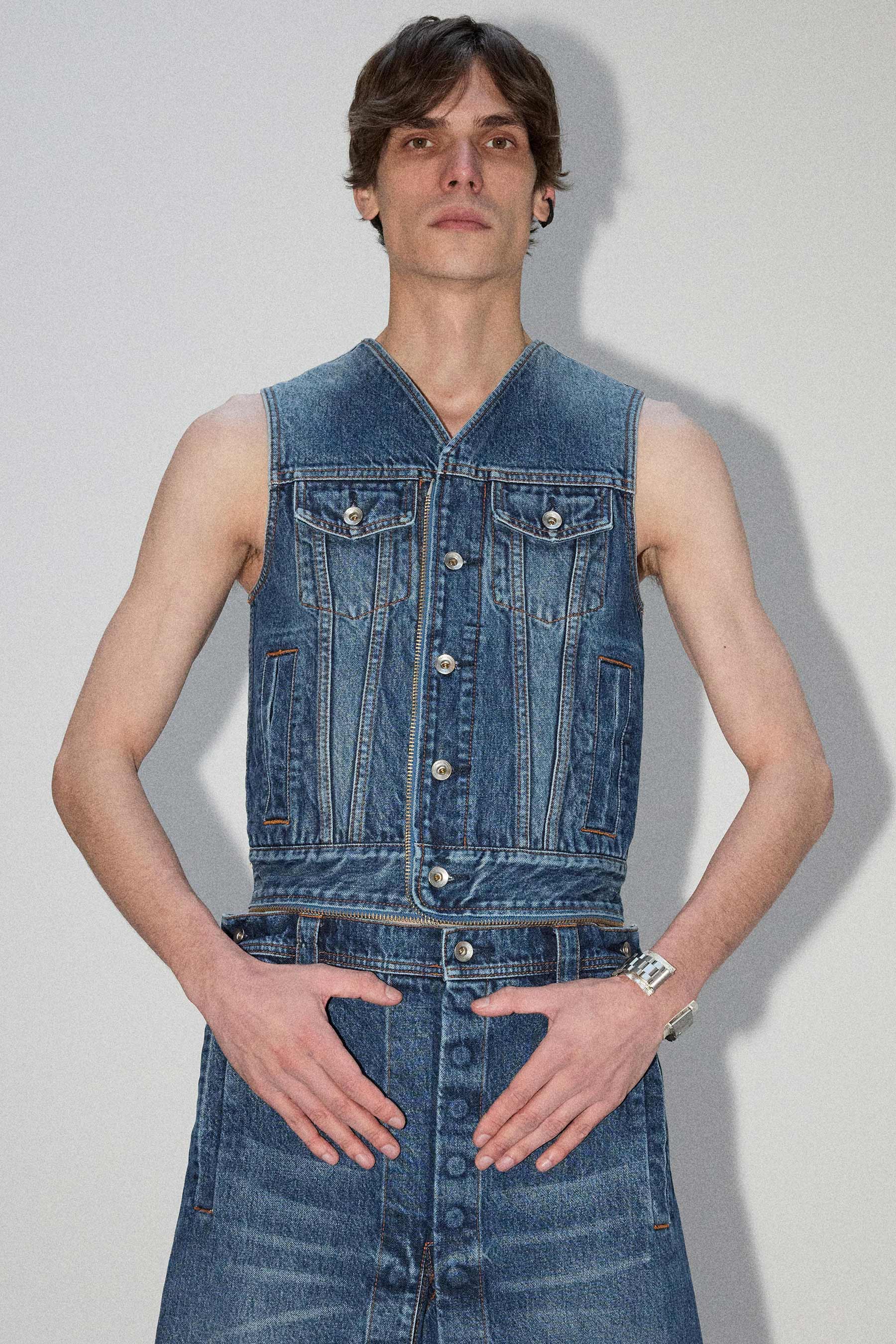 Blue Square Washed Denim Transform Bag Vest