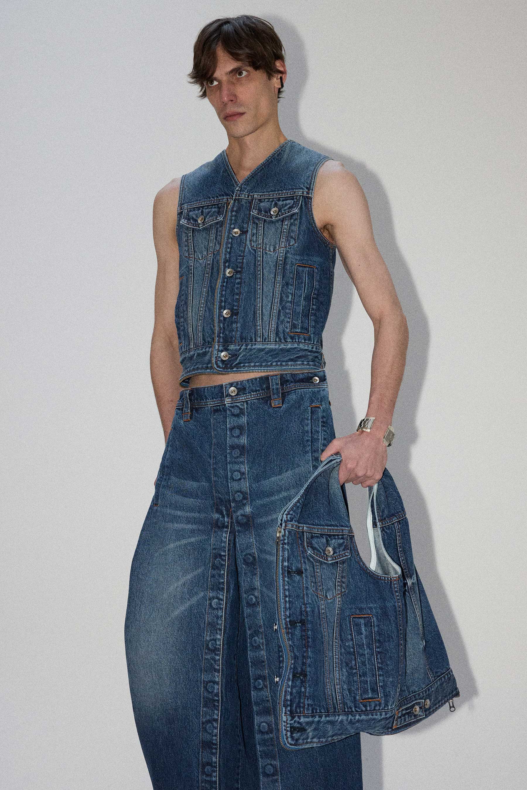 Blue Square Washed Denim Transform Bag Vest