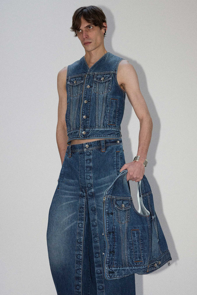 Blue Square Washed Denim Transform Bag Vest