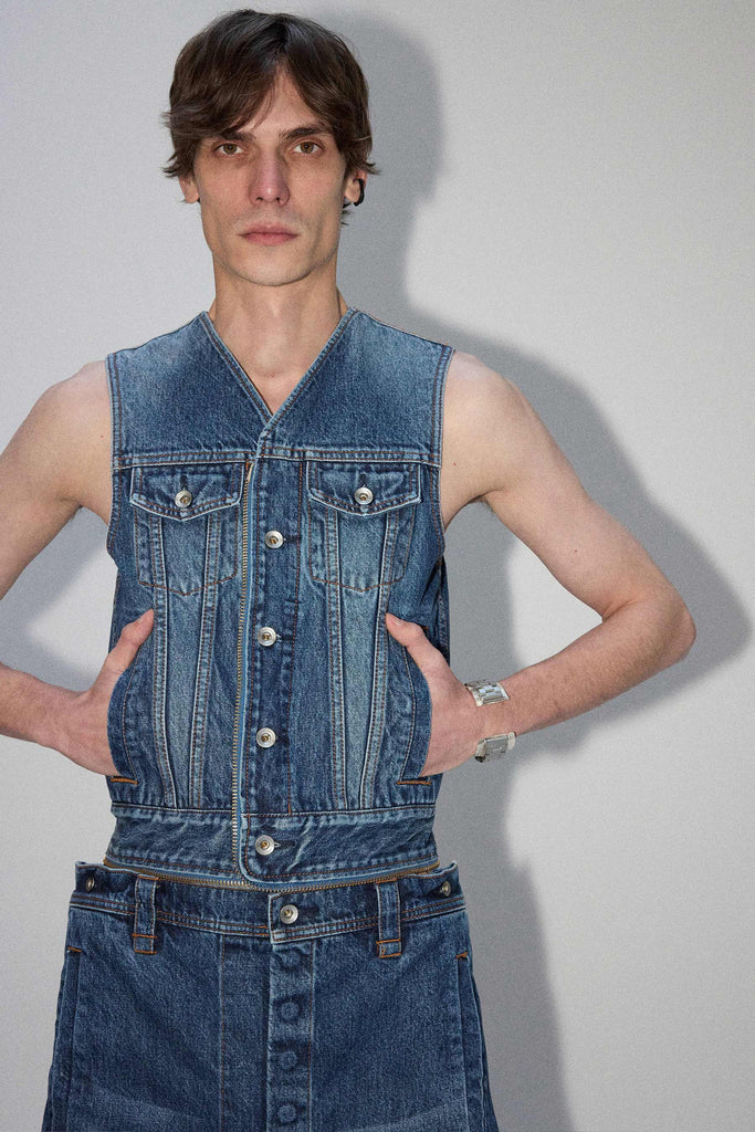 Blue Square Washed Denim Transform Bag Vest