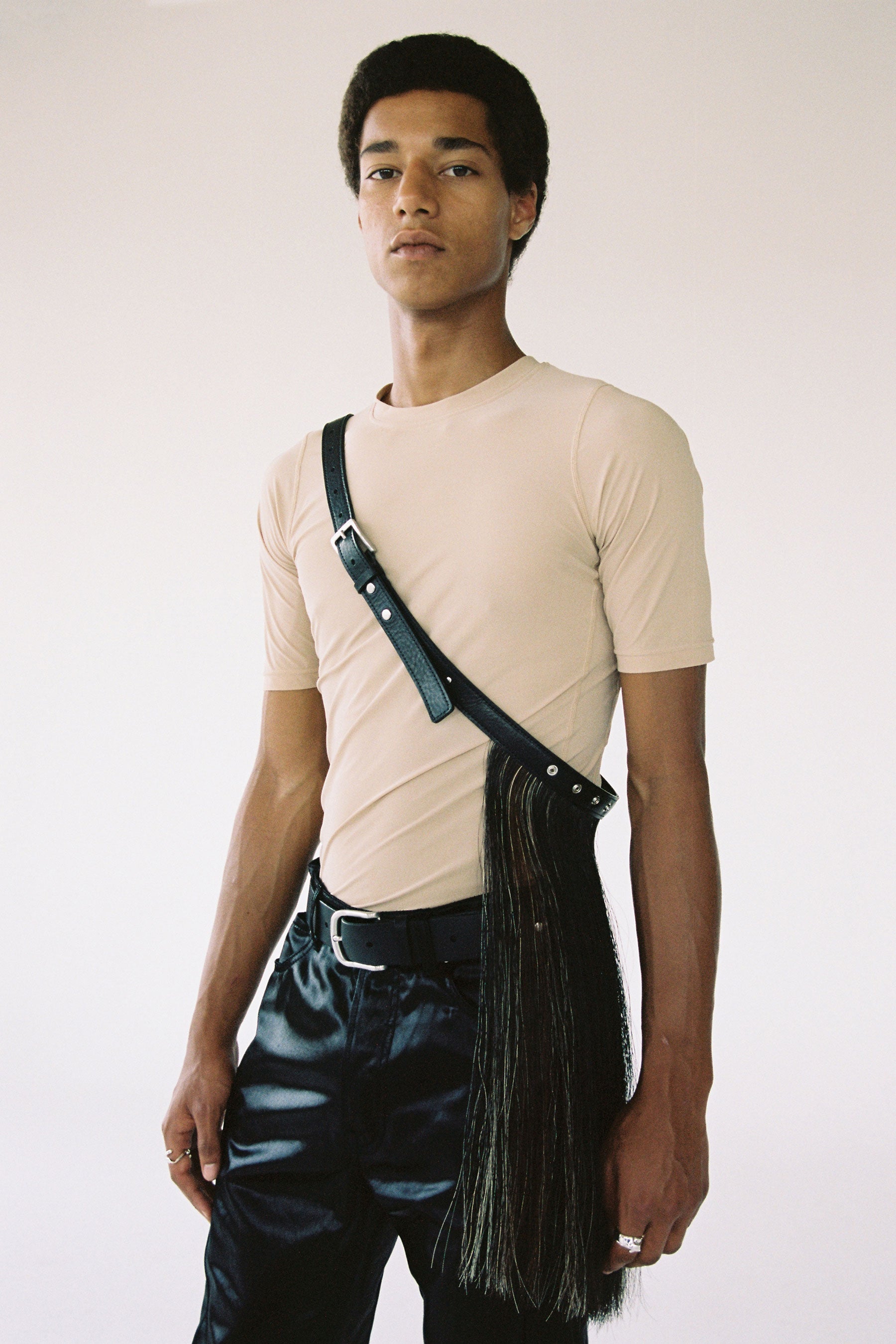 Mixed Horse Tail Hair Black Calf Leather Belt