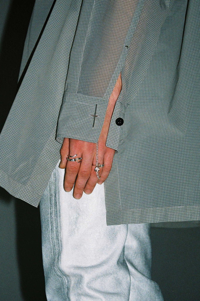 Grey Grid Check Polyamide Strong Arm XY-plane Shirt Coat