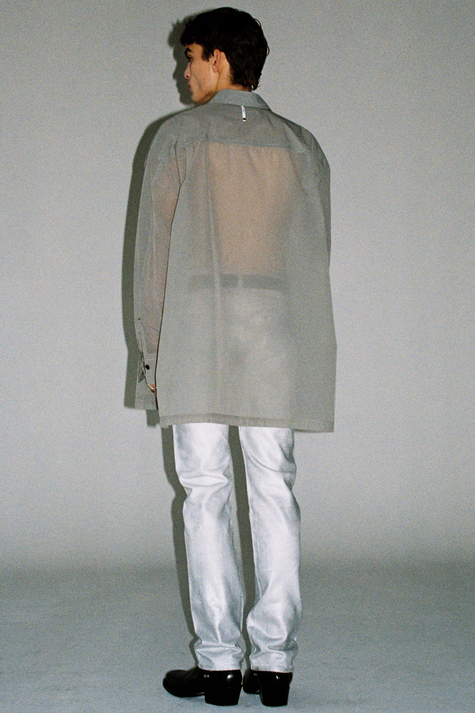 Grey Grid Check Polyamide Strong Arm XY-plane Shirt Coat