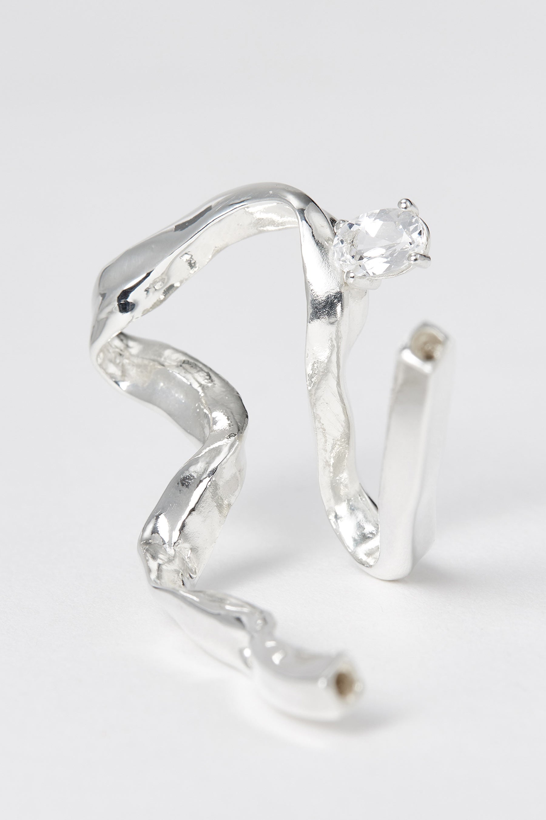 Silver Hinged Square Tube Ear Cuff with Colourless Topaz