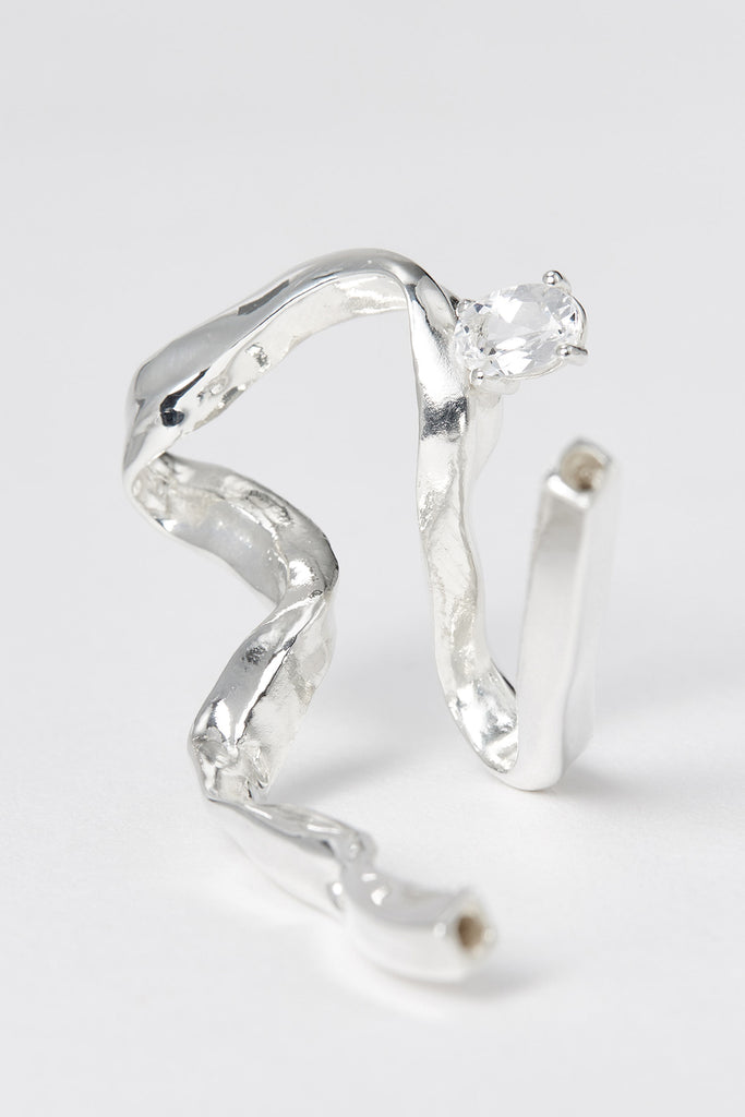Silver Hinged Square Tube Ear Cuff with Colourless Topaz