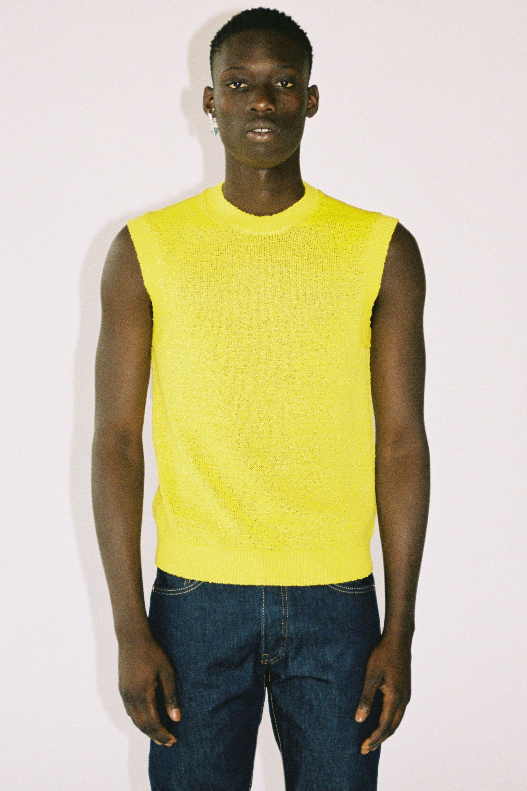 Yellow Nylon Crew Mockneck Sweater Vest