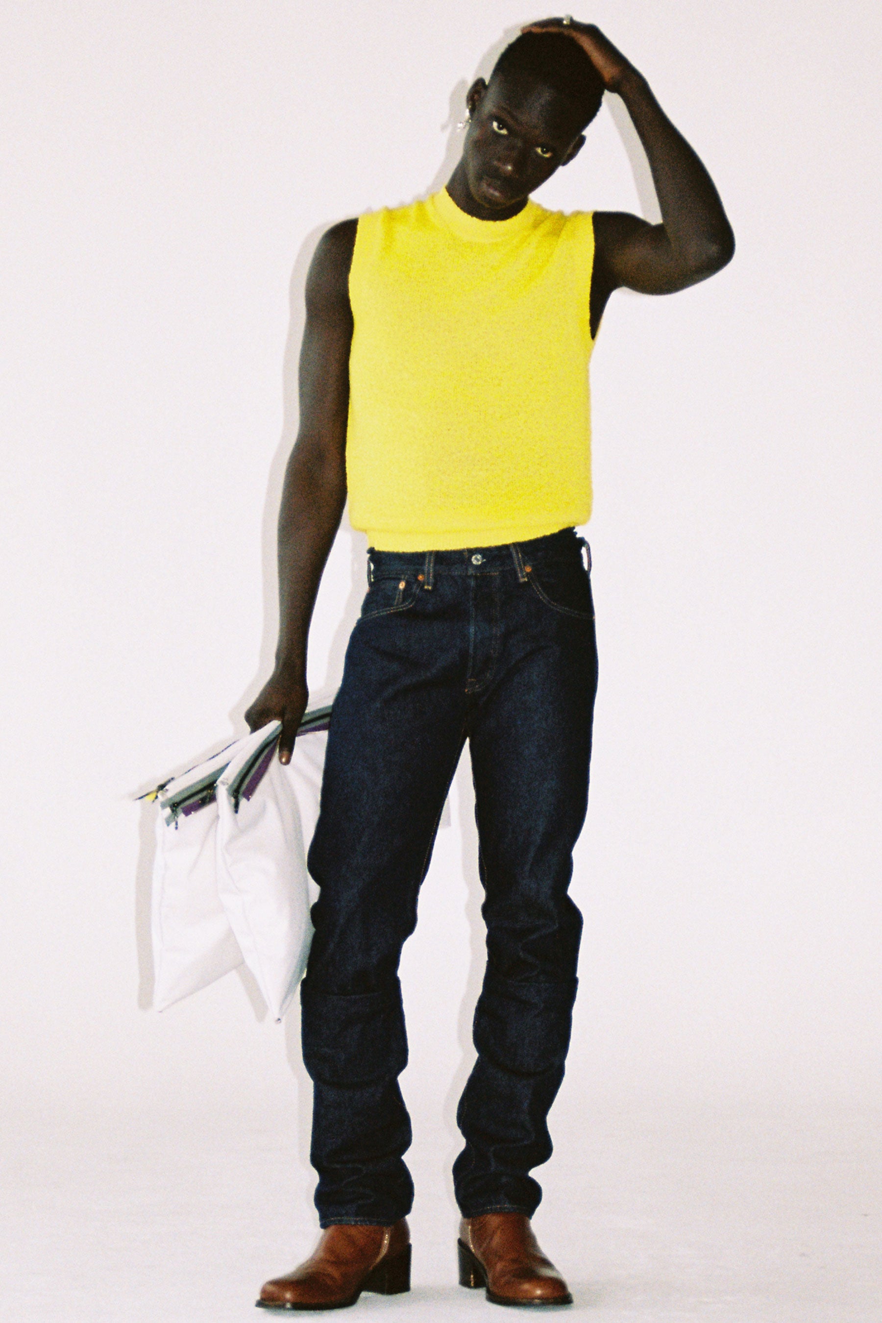 Yellow Nylon Crew Mockneck Sweater Vest
