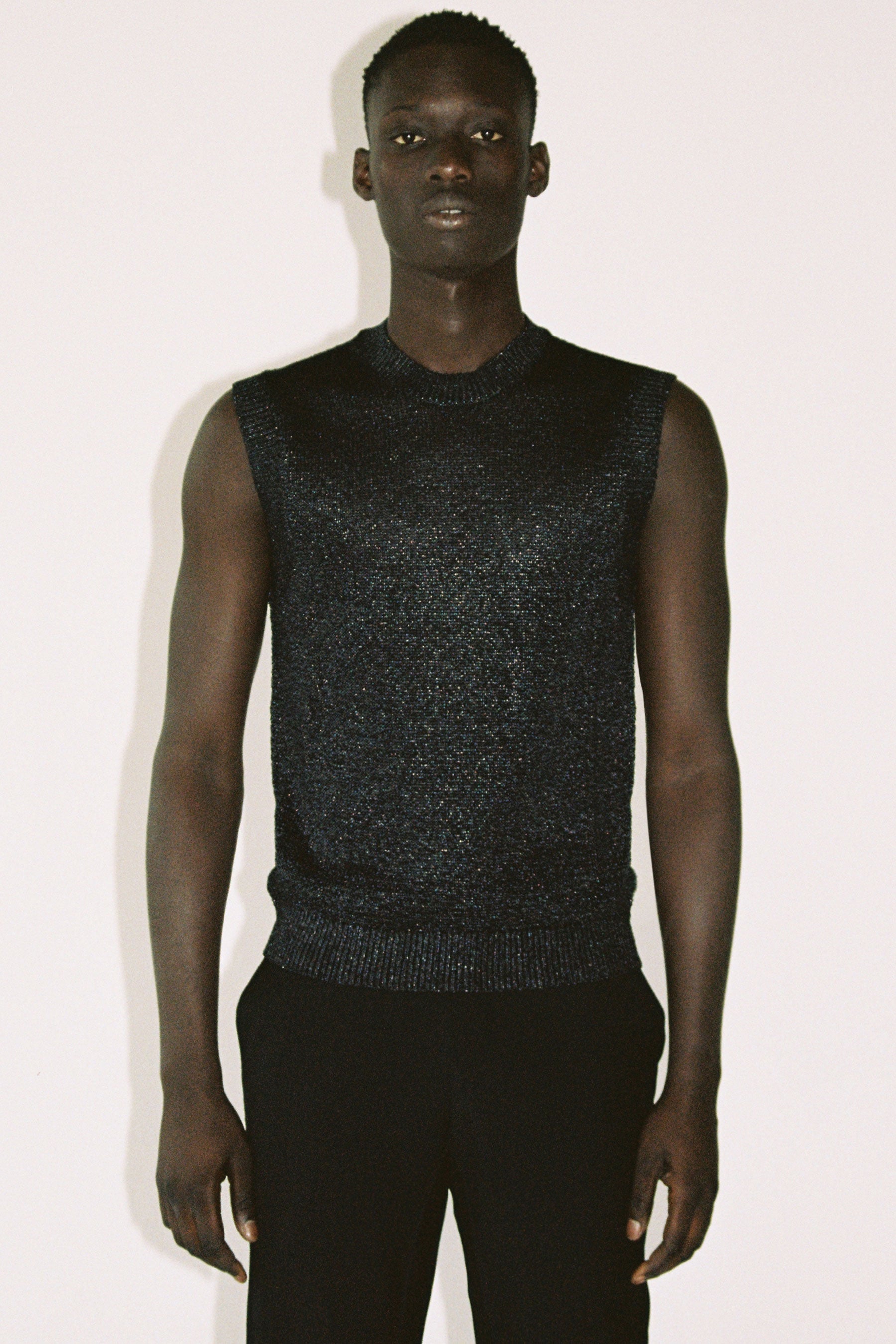 Black Nylon Crew Mockneck Sweater Vest