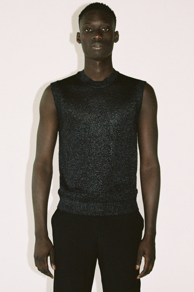 Black Nylon Crew Mockneck Sweater Vest